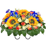 Artificial Cemetery Flowers For Grave Decoration: Sympathy & Memorial Bouquets With Headstone Saddle – Sunflower, Rose, Cattleya – Fade-Resistant