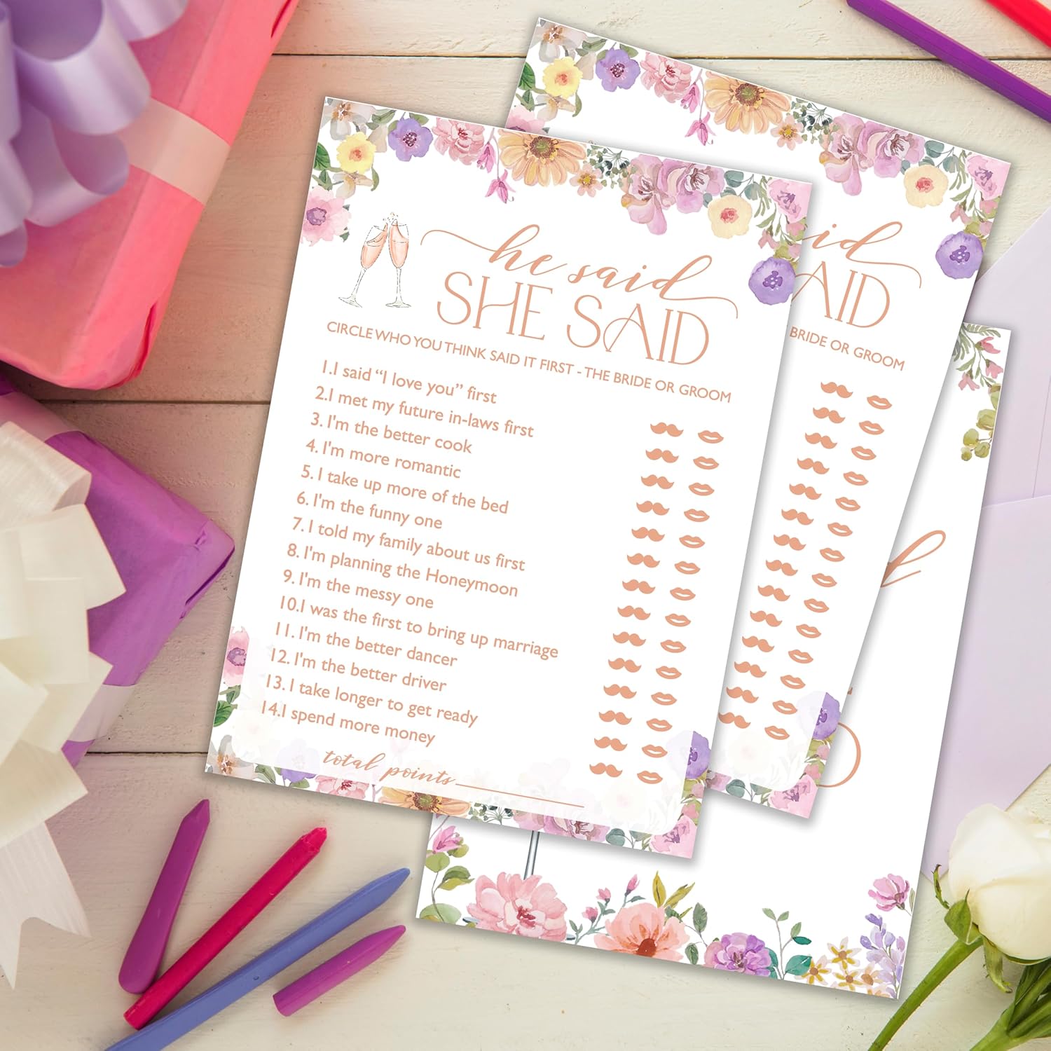 Wedding Bridal Shower Games, He Said She Said Game Cards, Wildflower Wedding Game, Engagement Party Favor, Bridal Shower Decorations Supplies, Reception Games 25 Guests-03