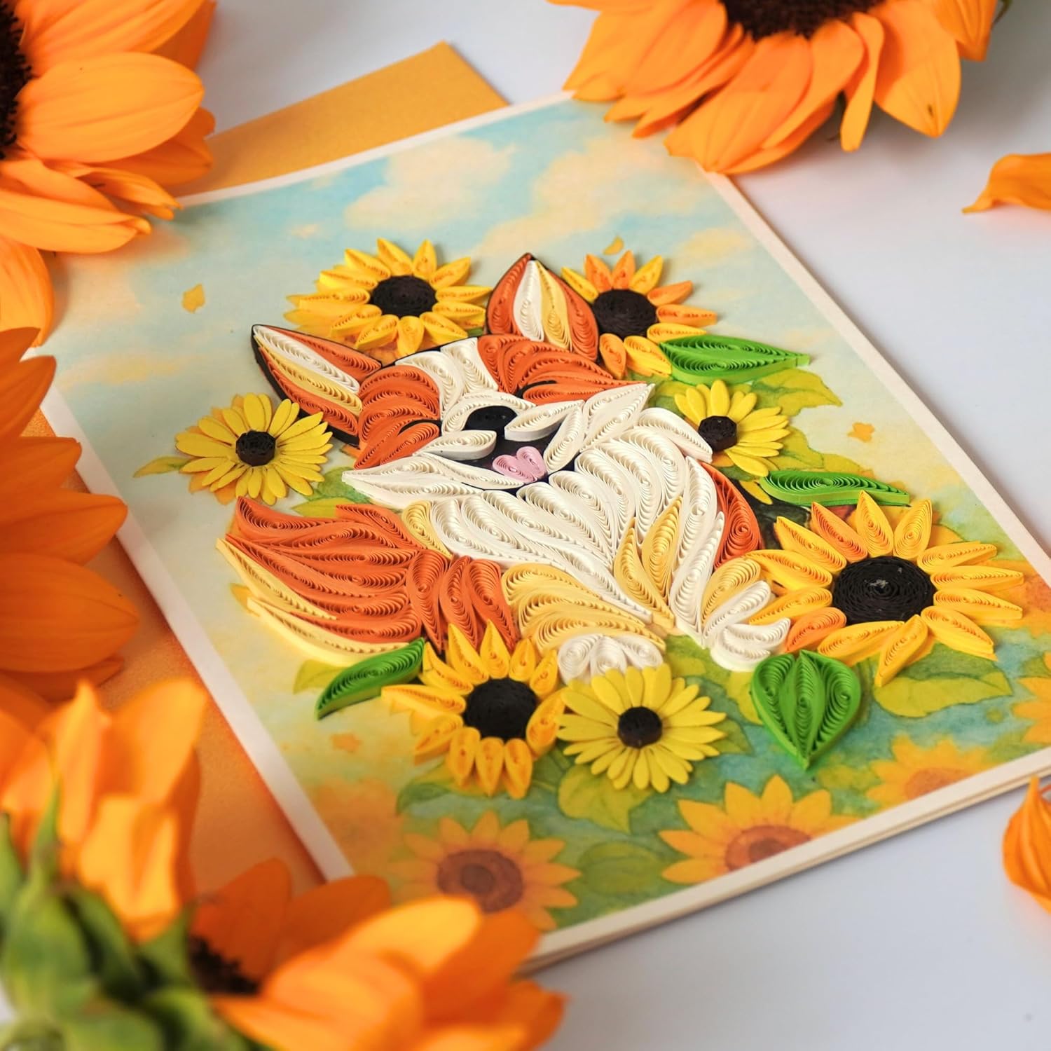 Unique Quilling Card – Corgi & Sunflower Design | Handmade Greeting Card For Birthday, Anniversary, Thank You, Dog Lovers & Friends
