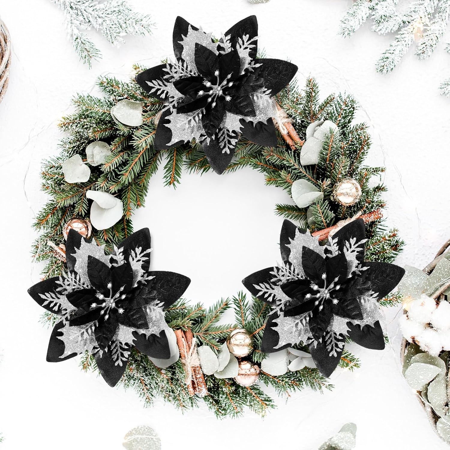 36 Pieces Glitter Christmas Poinsettia Artificial Xmas Flower Ornaments Flowers Decorations With Clips And Stem Glitter Poinsettia Christmas Tree Ornaments For Xmas Wedding (Black And Silver)