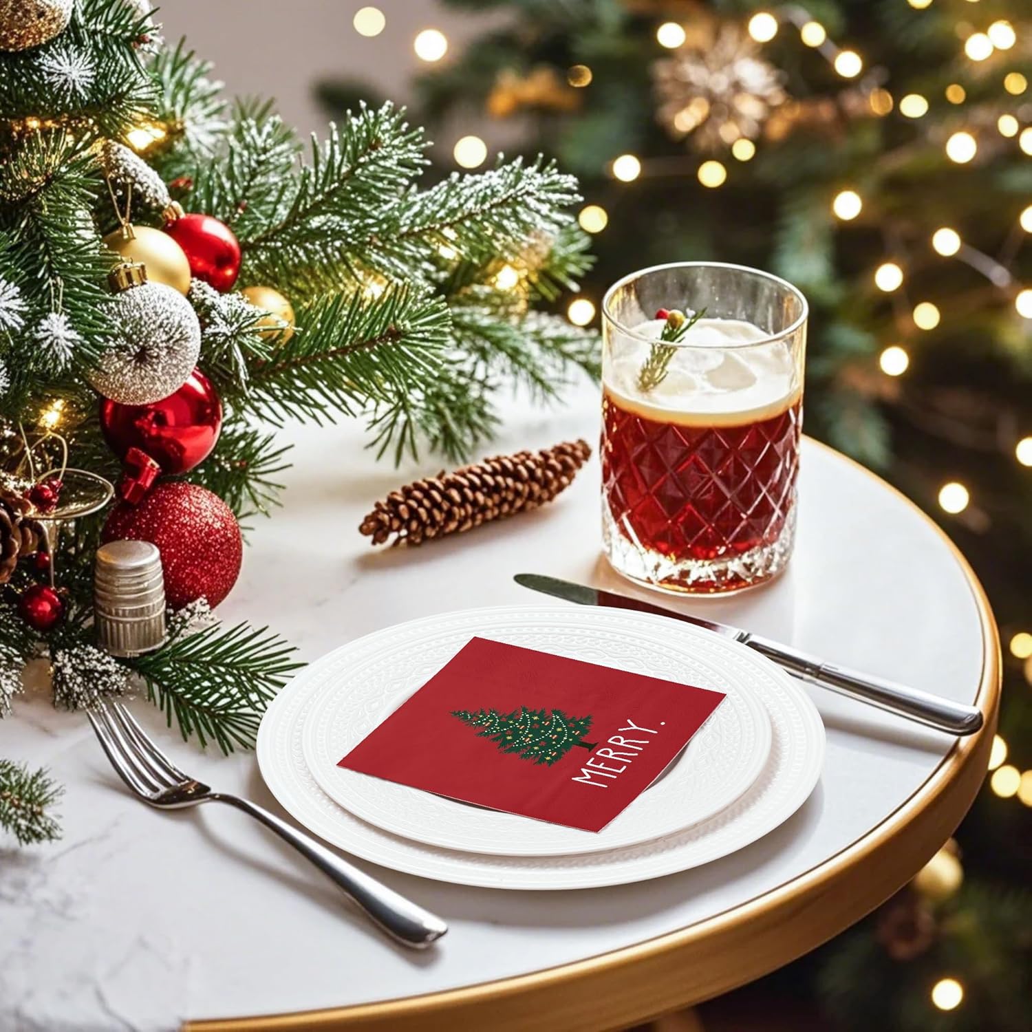 50Pcs Christmas Napkins - Tree And Merry 3-Ply Disposable Paper Luncheon For Party Supplies Tableware - 6.5 X 6.5 In