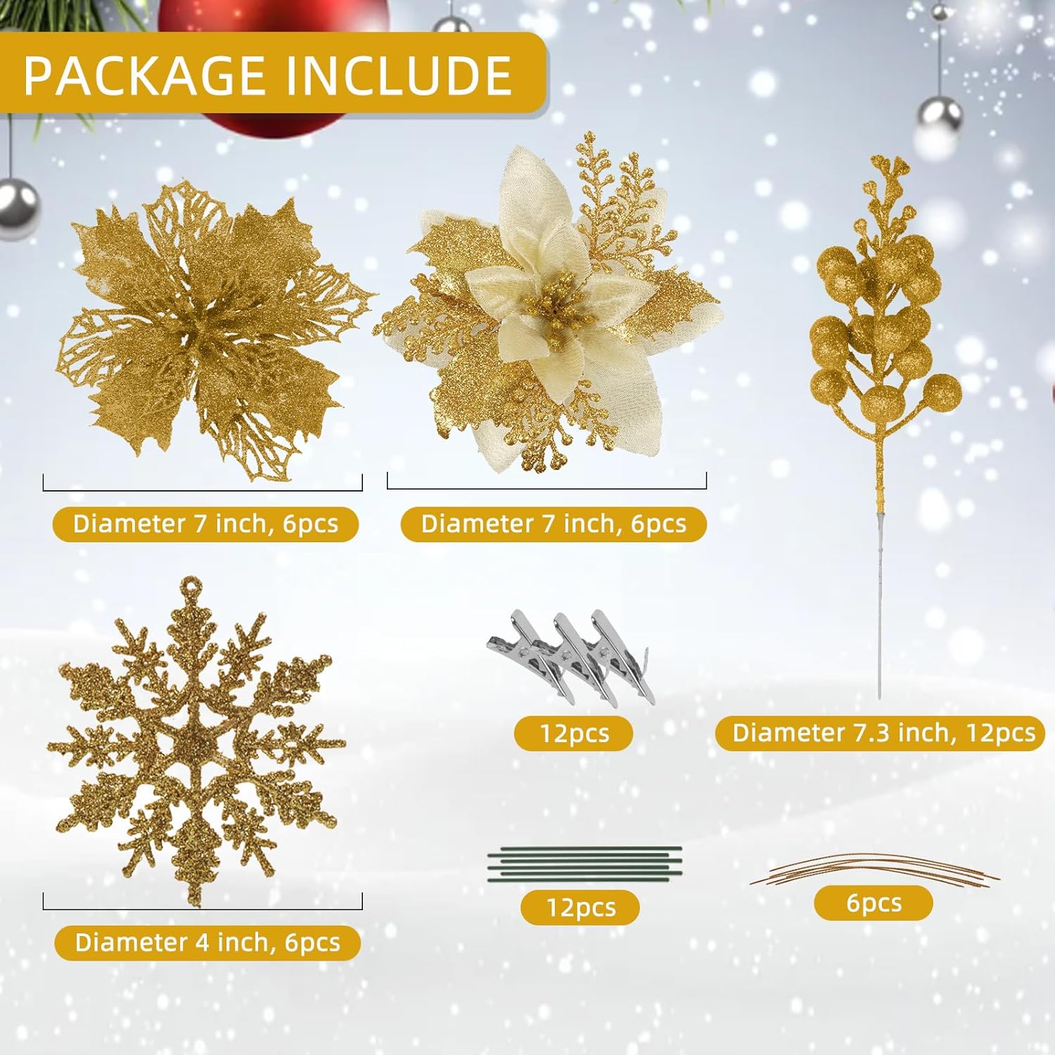 60 Pcs Poinsettia Artificial Flowers Christmas Tree Decor Clip On Set 18 Poinsettia Flowers With 12 Glitter Berry Stems 12 Pole Clips 6 Ropes Glittering Ornaments (Gold)