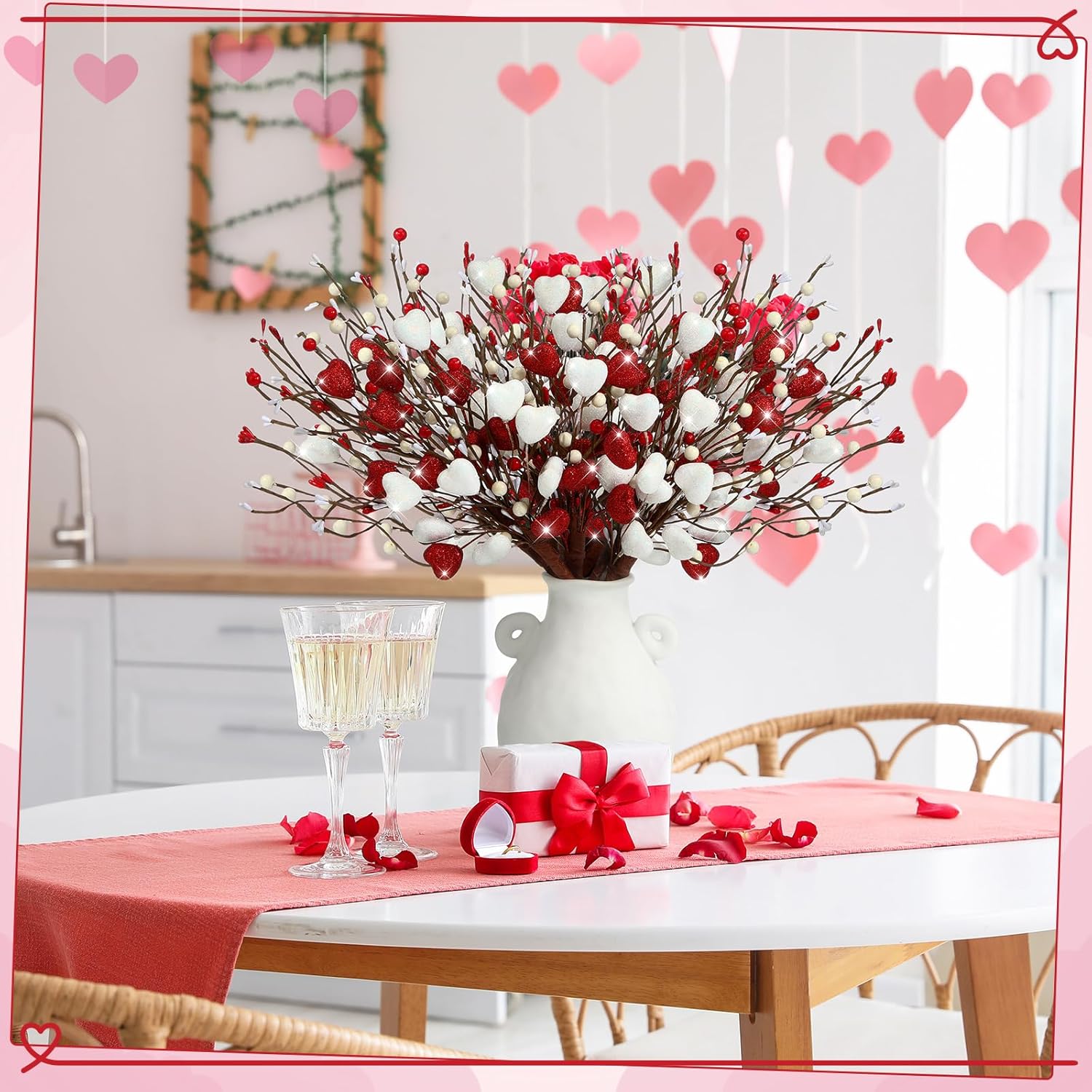 8 Pack Valentine'S Day Artificial Glitter Berry Flower Stems Heart Shaped Berry Picks 16 Inch Stems Valentine'S Day Gifts Flower For Party Wedding Decor(Red, White)