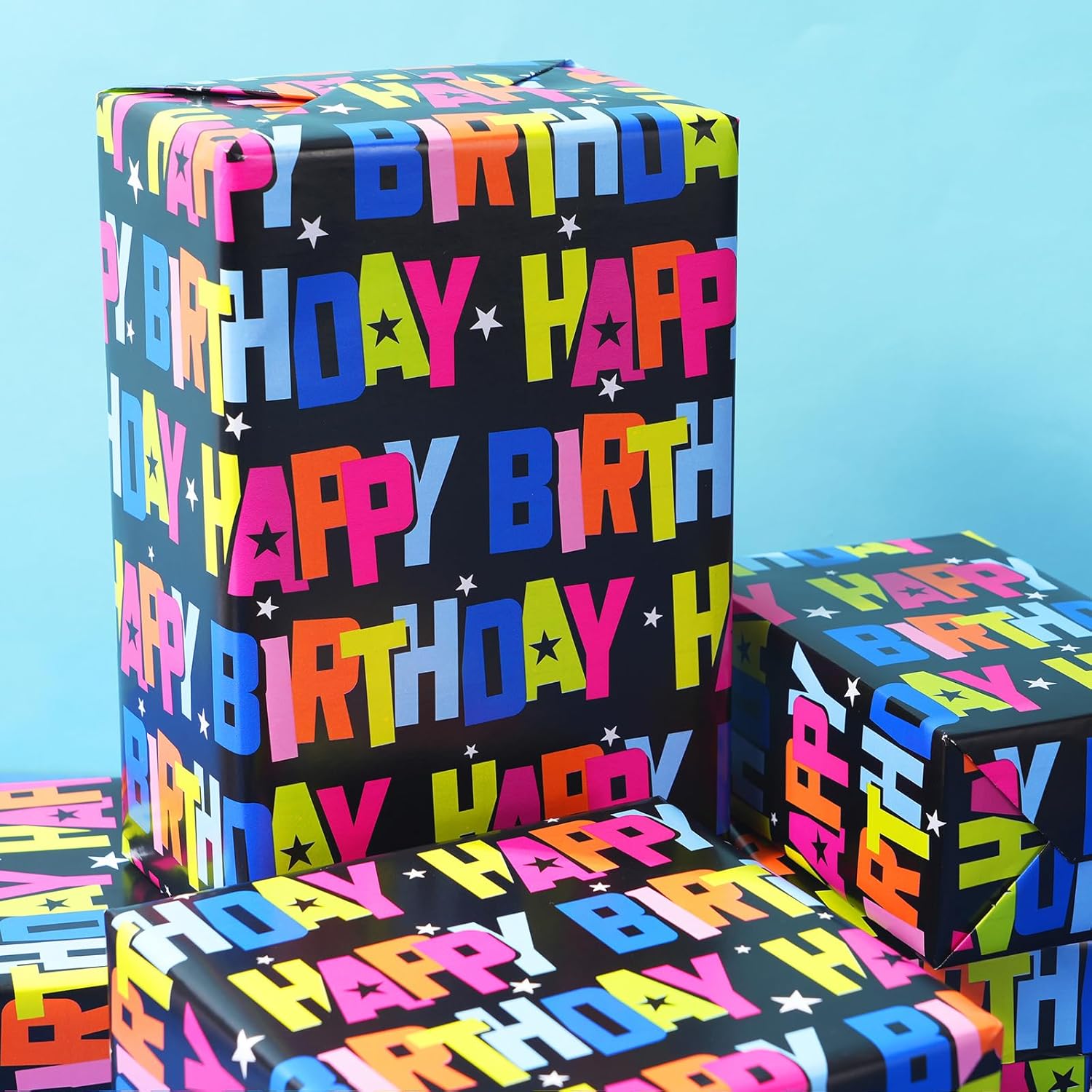Birthday Wrapping Paper Roll, Gift Wrapping Paper With Grid Cut Lines, Colorful Happy Birthday Pattern For Boys Girls, 17 Inch X 32.8 Feet Per Roll For Party, Baby Shower