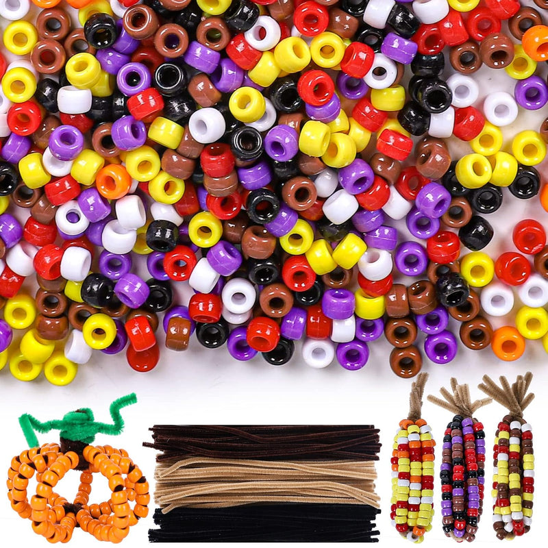 1000Pcs Thanksgiving Pony Beads With 100Pcs Chenille Stems Pipe Cleaners 7 Col