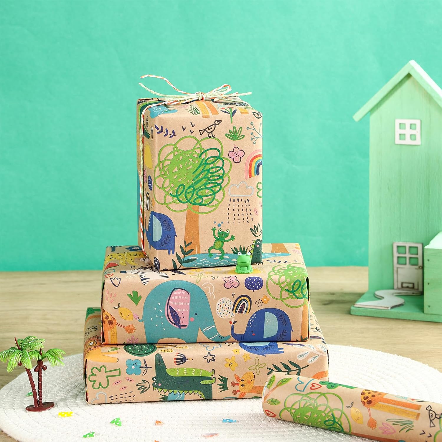 Baby Shower Wrapping Paper Roll - 17 Inches X 16.4 Feet - Colorful Cartoon Animal Design On Kraft Paper - For Boy Or Neutral Gift Wrapping, Kids' Birthday Party And Baby Shower