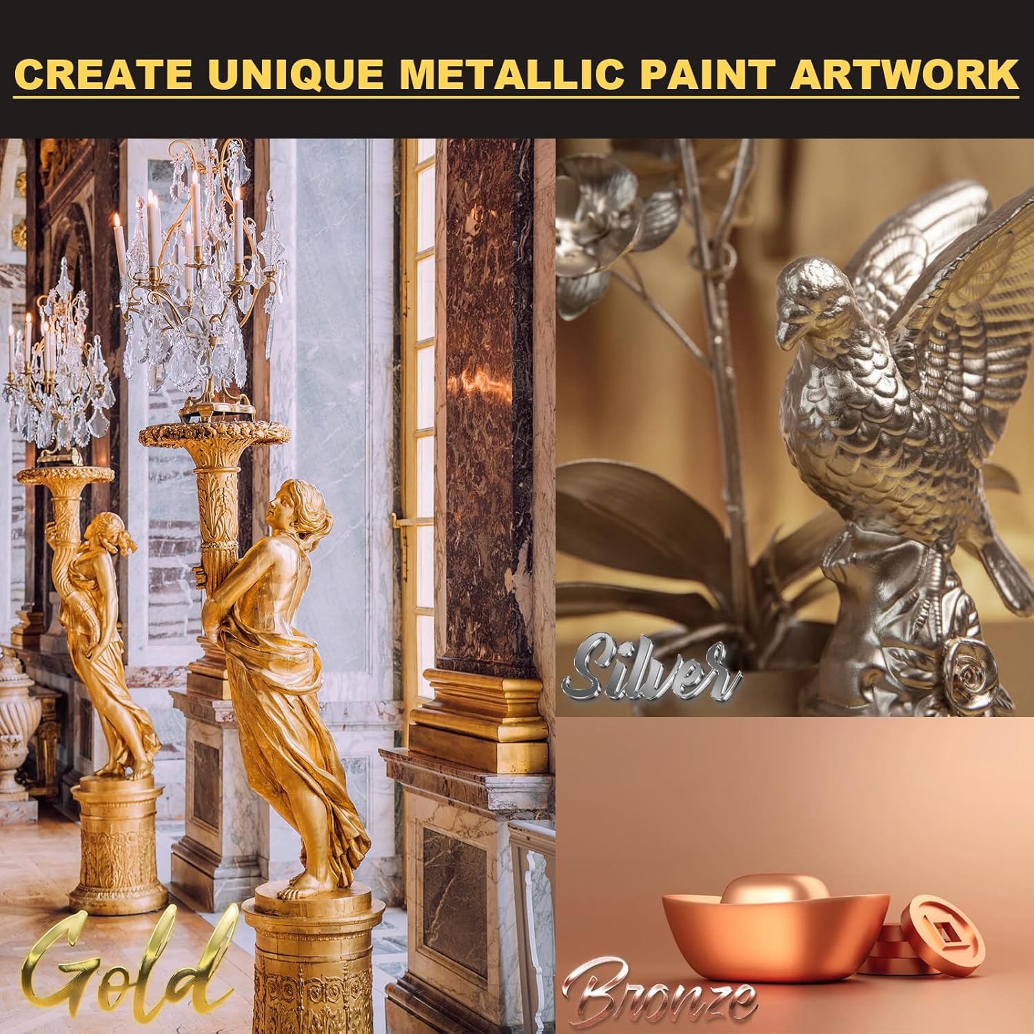 Acrylic Paint Metallic, 3Pcs 13.5Oz(375G) Gold & Silver & Bronze, Gold Leaf Paint For Art Painting, Ideal For Canvas, Wood, Clay, Fabric, Ceramic, Stone, Glass Craft Supplies
