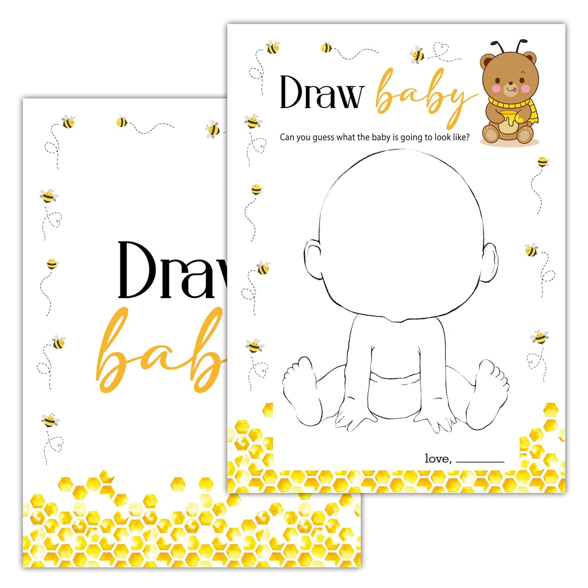 Bee Baby Shower Games - Boy Girl Gender Reveal - Draw Baby Cards - 25 Cards
