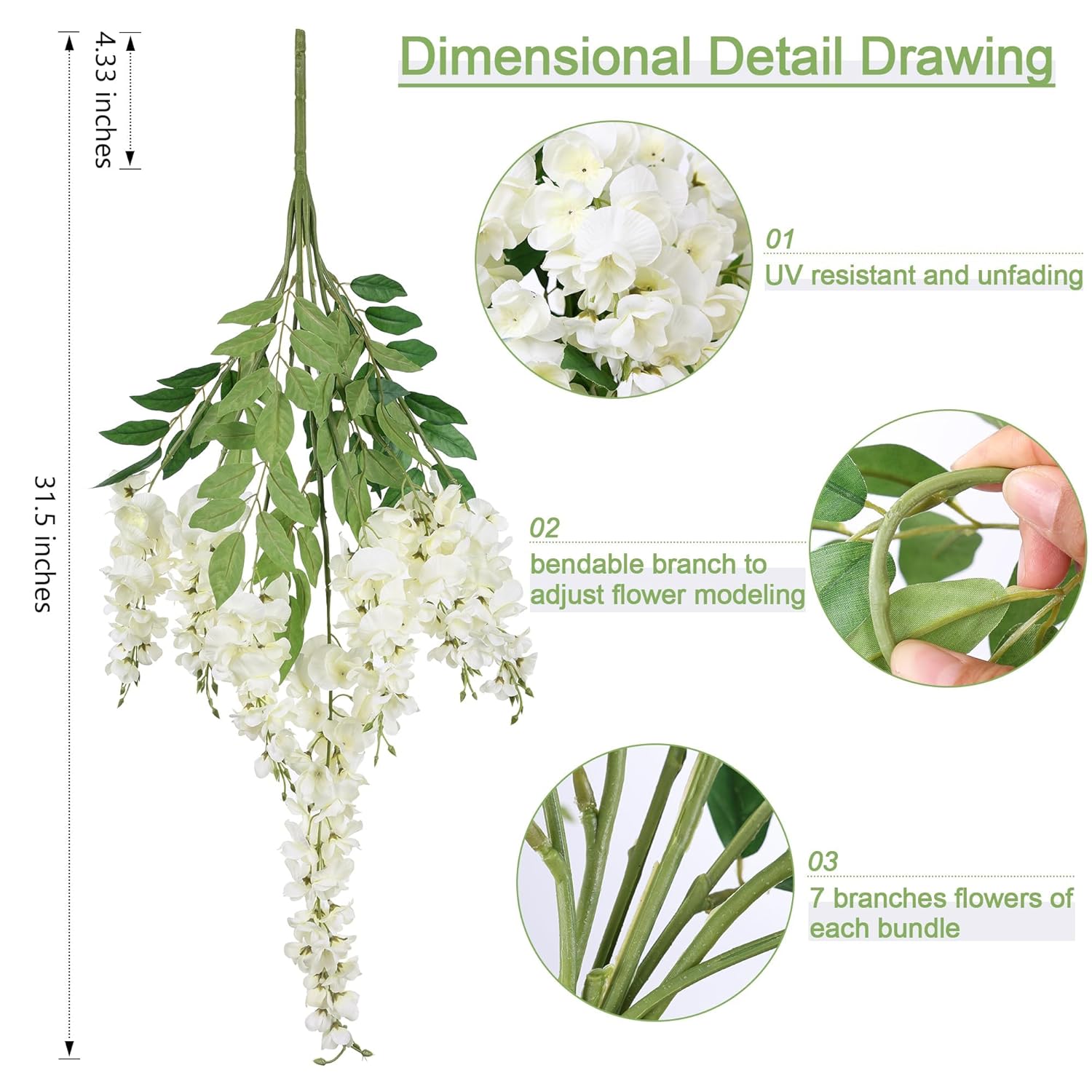 Fake Flowers Indoor Plants, 2Pcs Greenish White Hanging Wisteria Decoration, Light Cream White Uv & Fading Resistant, Room Decor For Kitchen Living Room Bathroom Centerpiece Table