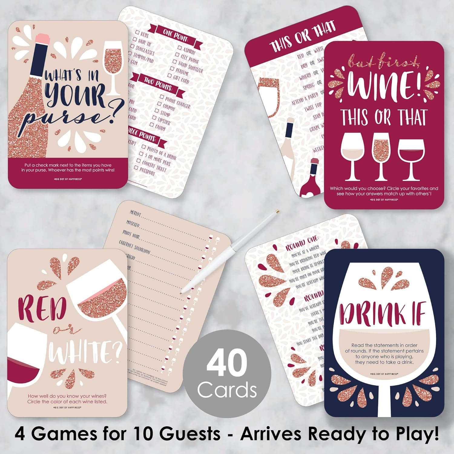 Big Dot of Happiness But First, Wine - 4 Wine Tasting Party Games - 10 Cards Each - Gamerific Bundle