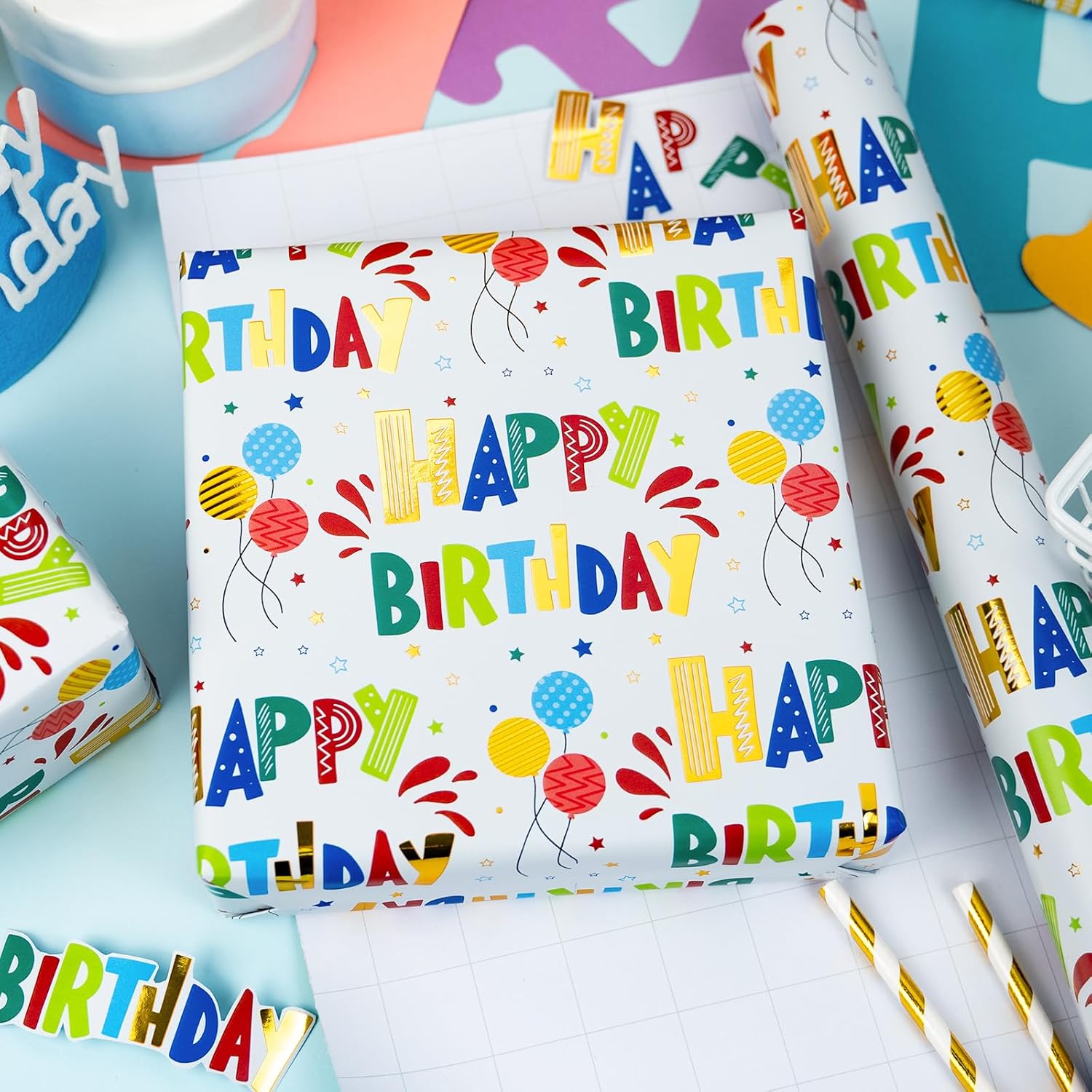 Birthday Wrapping Paper Roll For Boys Girls Kids Men Women - Colorful Gold Foil Balloon And Stars - Gift Wrap Paper For Birthday Party, 17 In X 32.8 Ft