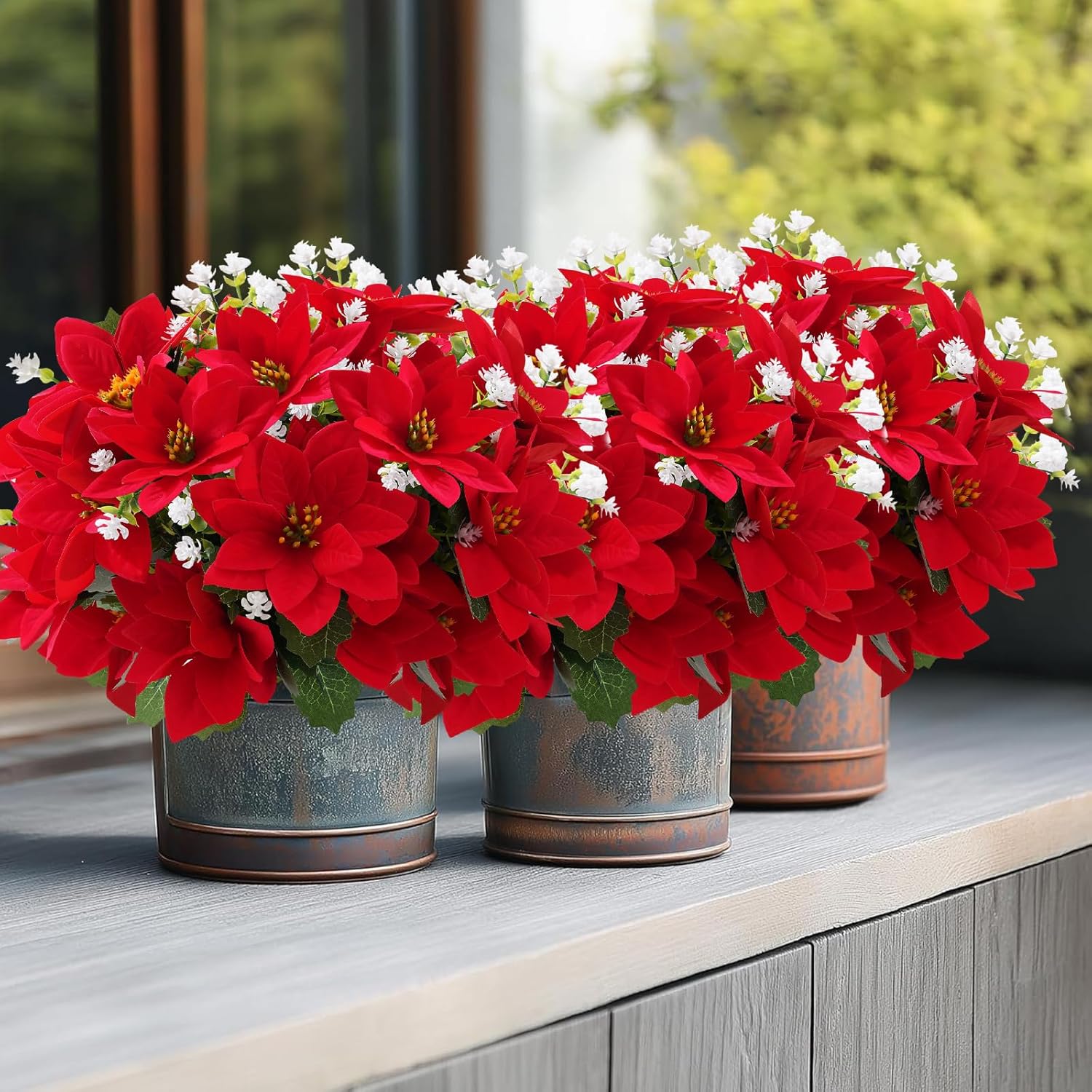 Christmas Artificial Flowers For Outdoors Red Poinsettia Flowers Artificial 12 Bundles Mixed Uv Resistant Faux Flowers For Outdoor Planters Garden Porch Patio Home Winter Decor