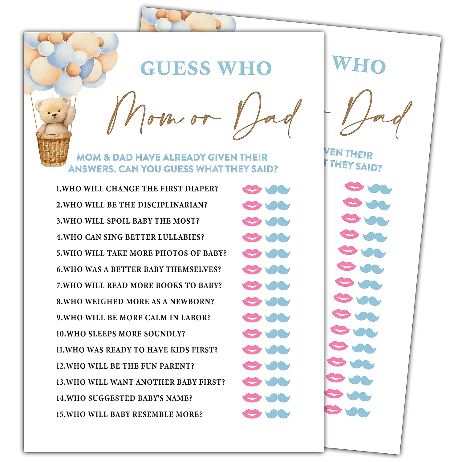 Bear Balloon 30 Guess Who Mom Or Dad Game Cards, We Can Bearly Wait Gender Reveal Party Supplies Favors (5"X7") - E05