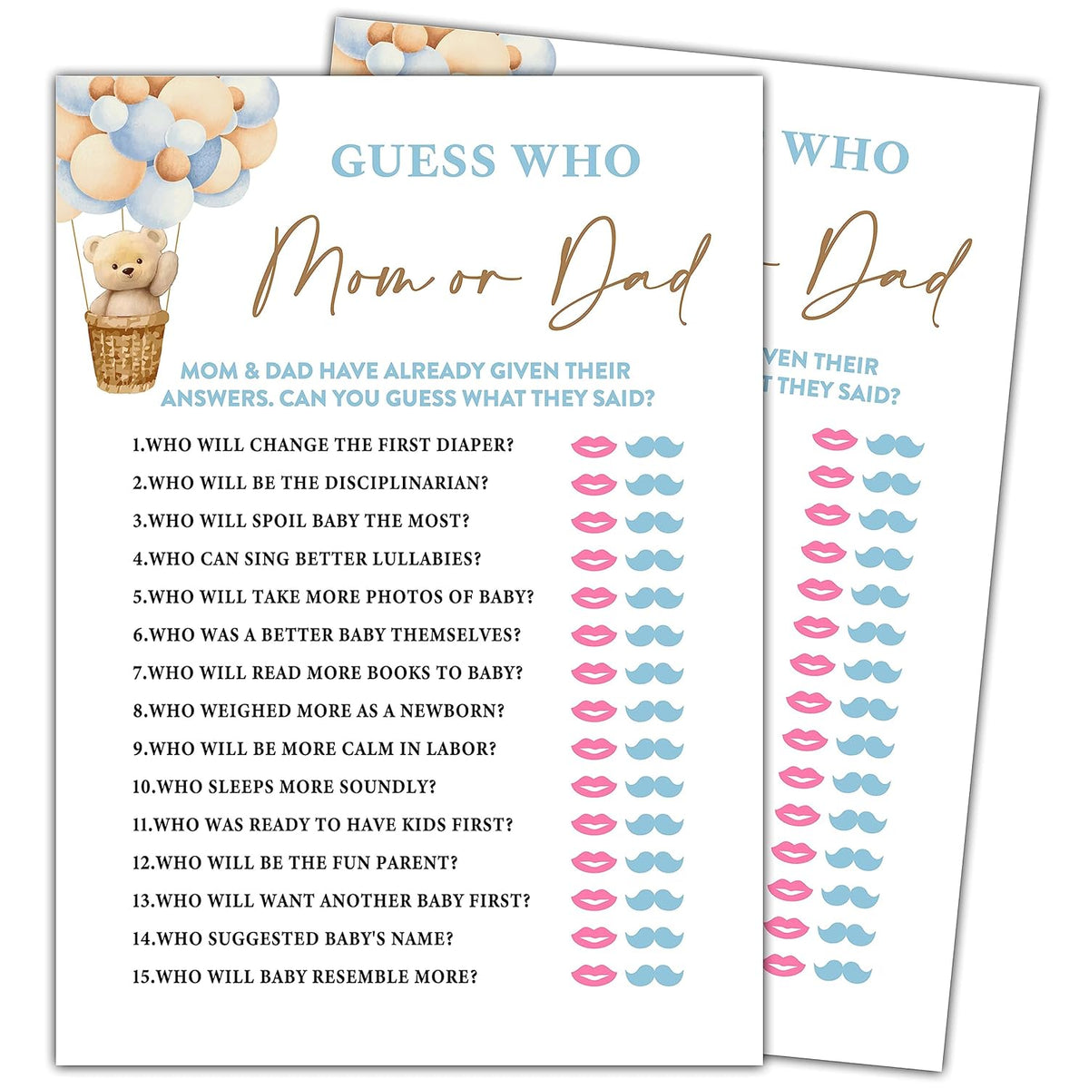 Bear Balloon 30 Guess Who Mom Or Dad Game Cards, We Can Bearly Wait Gender Reveal Party Supplies Favors (5"X7") - E05