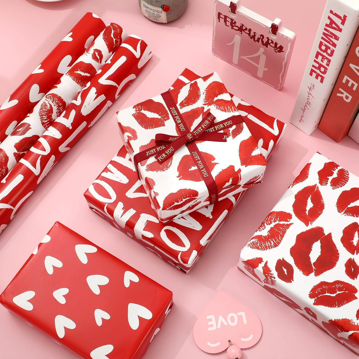 3 Rolls Valentine'S Day Wrapping Paper - Mini Roll - 17 Inch X 16.4 Ft Love Heart Lip Print Gift Wrap Paper Red Art Paper For Wedding Anniversary Diy Crafts Baby Shower Birthday