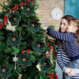 12 Pcs Christmas Velvet Poinsettia Flowers Ornaments, Glitter Artificial Magnolia For Xmas Tree Decorations (Dark Green, 8.8 Inch)