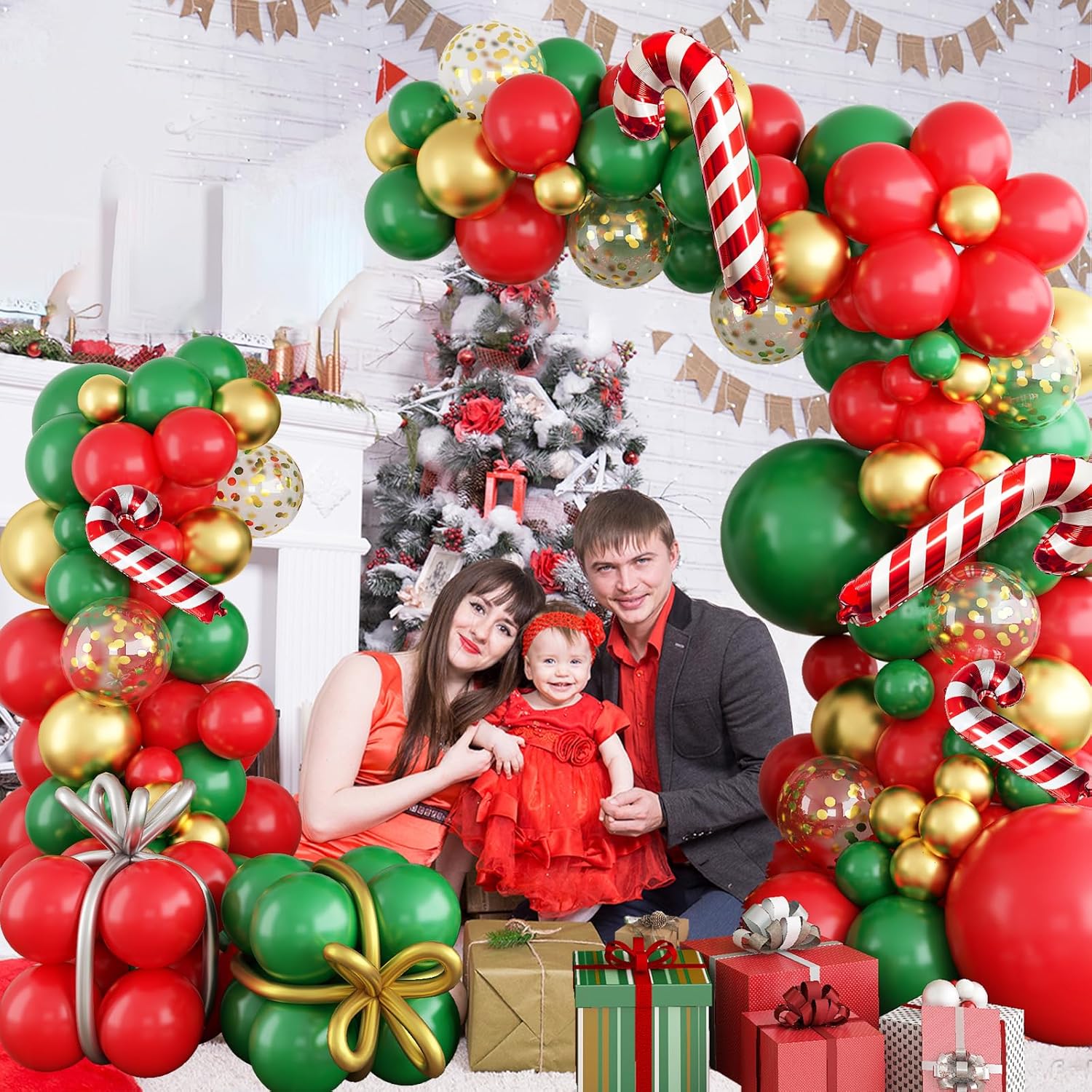 Christmas Balloon Garland Arch Kit Red Green Metallic Gold Balloons Gold Confetti With Crutch Foil Balloon Long Twisting Balloons Xmas Party New Year Decorations Set