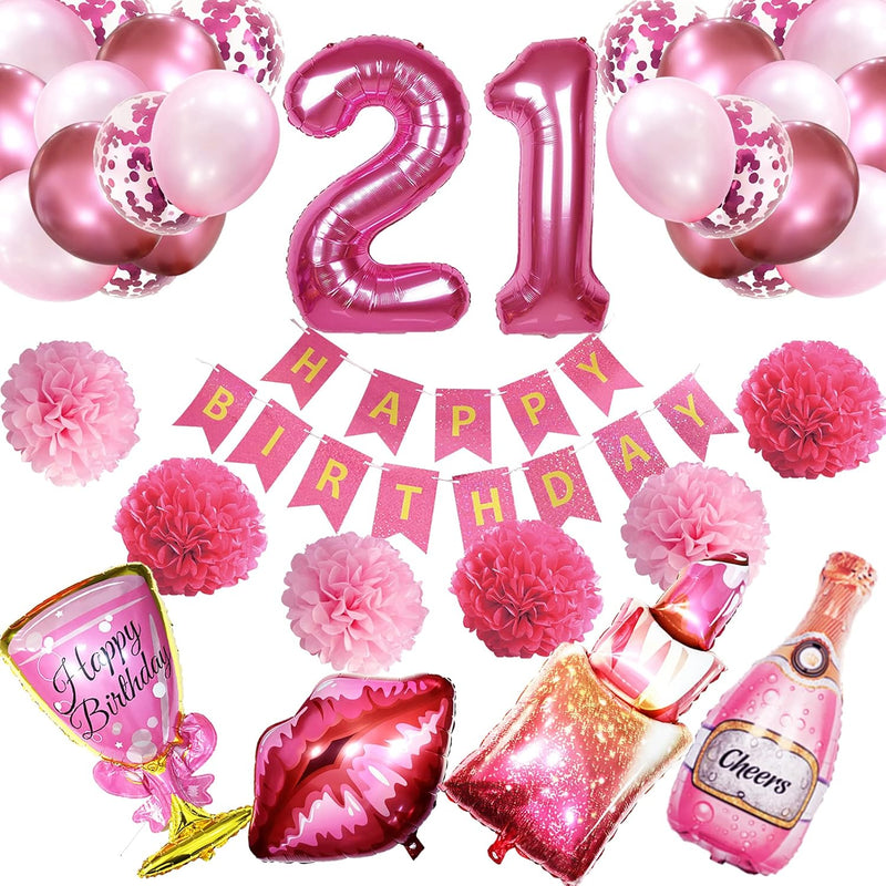 21St Birthday Decorations For Her - Hot Pink Happy Birthday Banner, Po