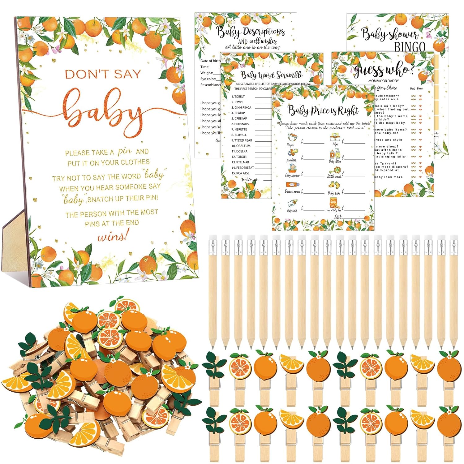 321 Pcs Orange Baby Shower Game Supplies For Girl Or Boy 5 Set Include 50 Activity Cards 20 Pencils 1 Don'T Say Baby Sign 50 Clothespins For Price Is Right Prediction Bingo Game Party Decor