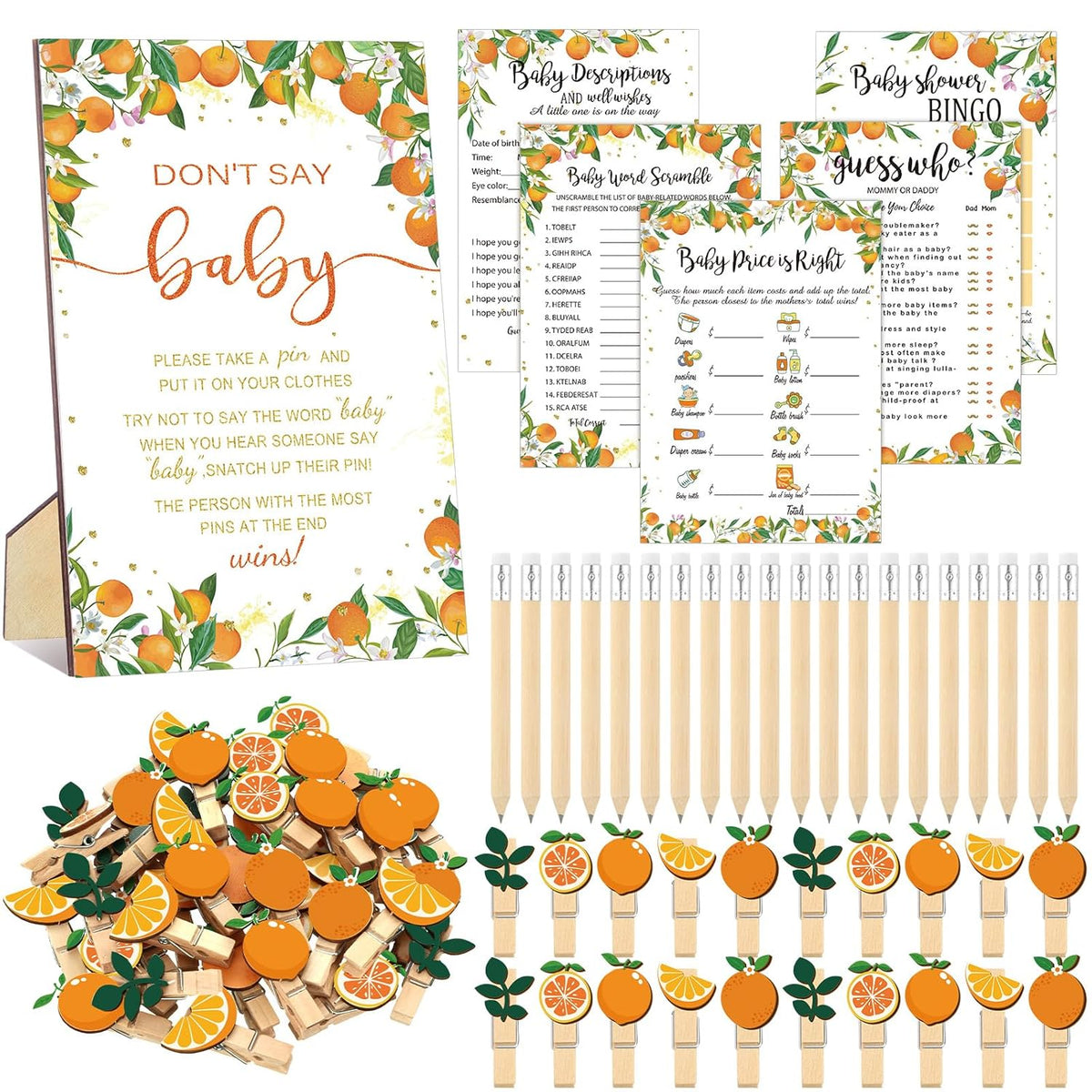 321 Pcs Orange Baby Shower Game Supplies For Girl Or Boy 5 Set Include 50 Activity Cards 20 Pencils 1 Don'T Say Baby Sign 50 Clothespins For Price Is Right Prediction Bingo Game Party Decor