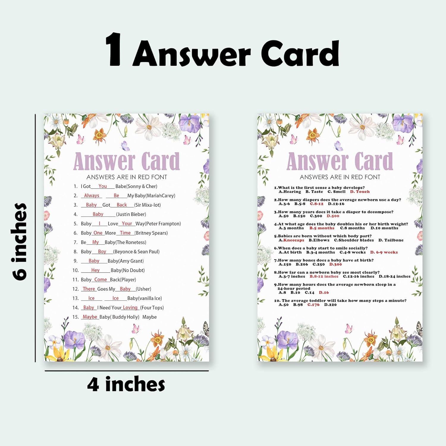 Flowers Baby Shower Games - Name That Baby Song & Trivia - 30 Can Be Used On Both Sides Game Cards & 1 Answer Card For Boys & Girls-Gender Reveal Activity, Party Favors & Decorations - B02