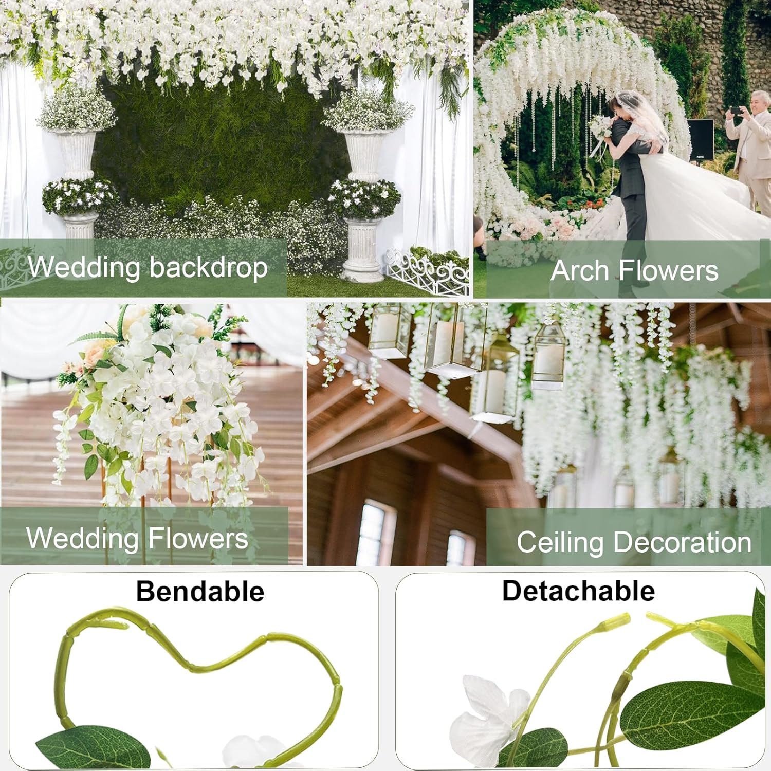 60 Branches Wisteria Hanging Flowers, Artificial White Wisteria Flowers Garland For Wedding Arch Ceremony Party Garden Home Backdrop Decor