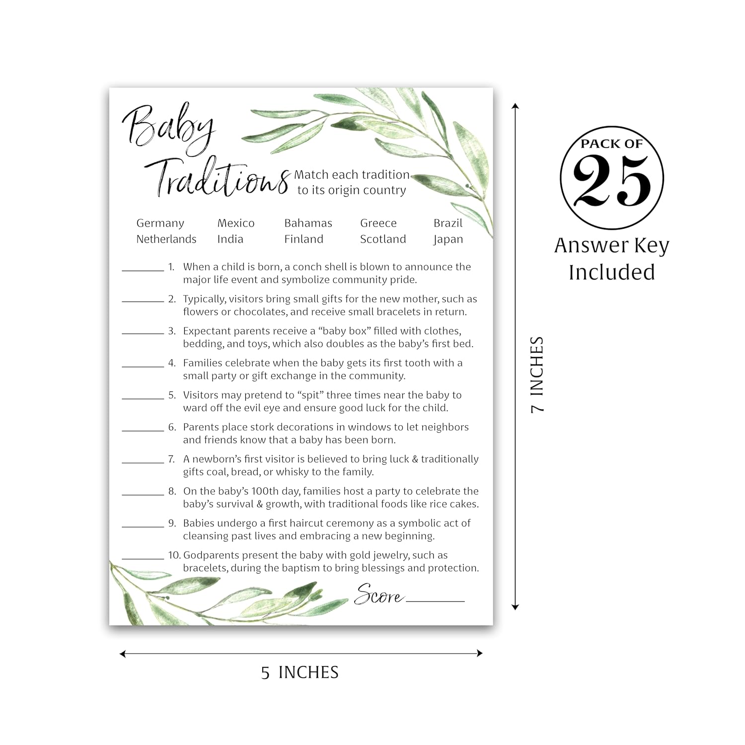 Greenery Baby Shower Games — Baby Traditions Around The World Game — Pack Of 25 — Fun Facts, Floral Green Olive Branch Trivia, Rustic Gender Neutral Minimalist Couples Shower Activity Reveal G320-Btw1