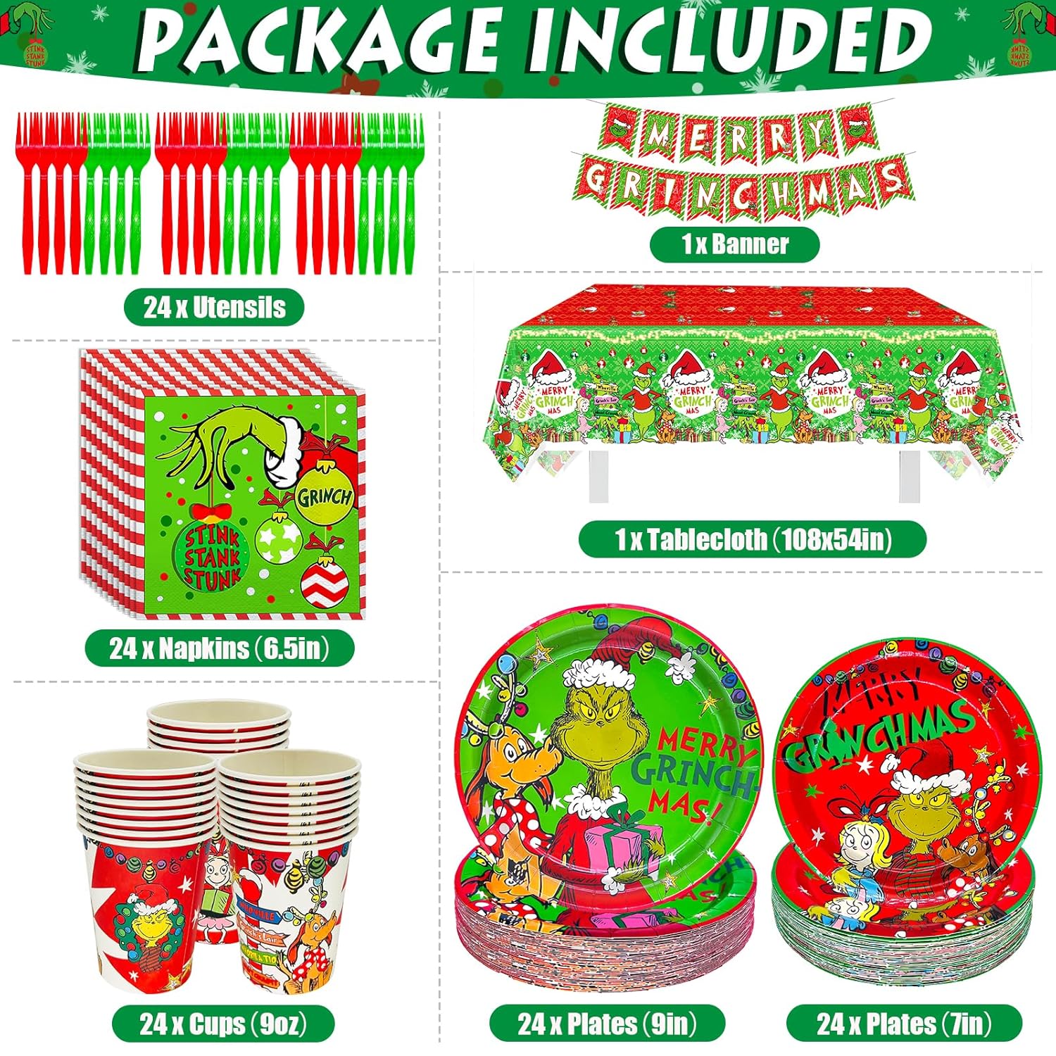 122Pcs Christmas Party Decorations Merry Christmas Party Supplies Tableware Set With Banner Plates Napkins Cups Tablecloth Forks Serve 24