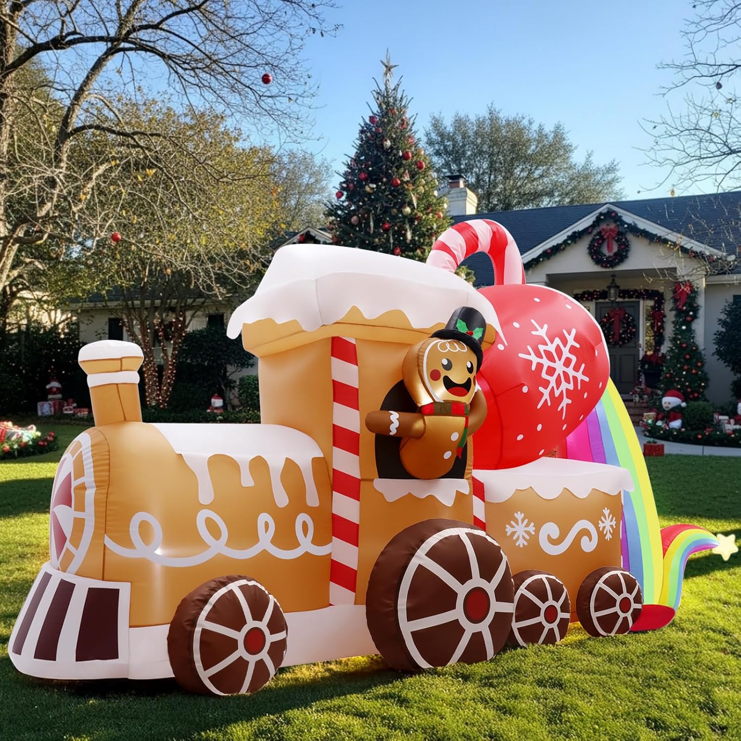10 Ft Long Christmas Inflatables Train Decorations, Gingerbread Train Blow Up Outdoor Inflatable Decor With Built-In Led