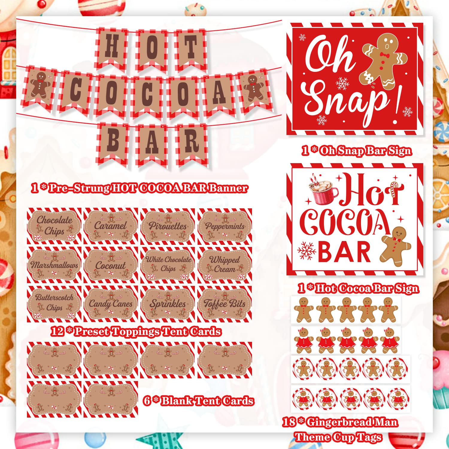 Hot Cocoa Bar Decoration Kit, Gingerbread Man Theme Hot Cocoa Bar Banner Christmas Hot Chocolate Bar Supplies Sign Toppings Labels Cup Stickers For Winter Baby Shower Christmas Birthday Decorations