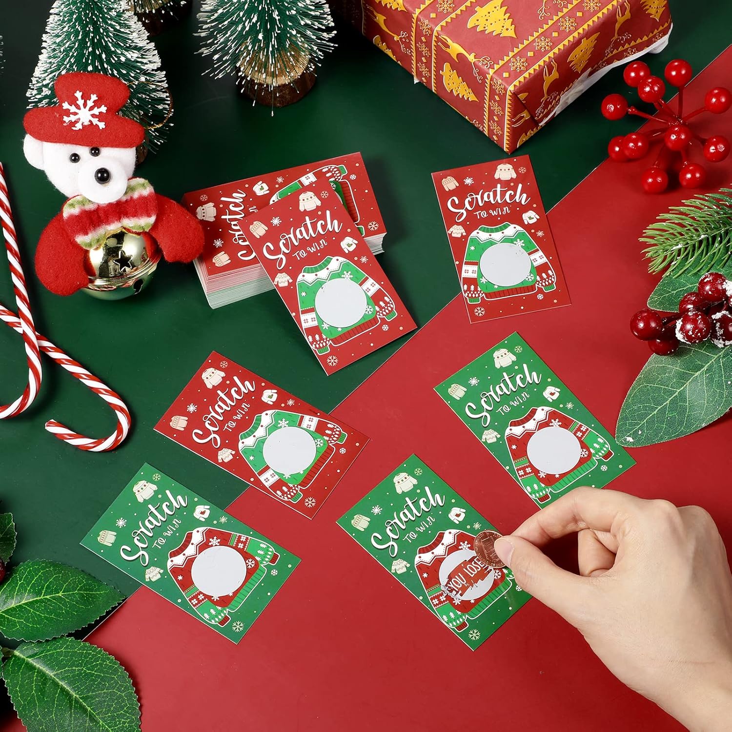50 Pcs Christmas Scratch Off Cards Ugly Sweater Scratch Off Game Christmas Cards Holiday Xmas Games Ugly Sweater Party Decorations Winner You Lose Tickets For Winter Office Party Supplies
