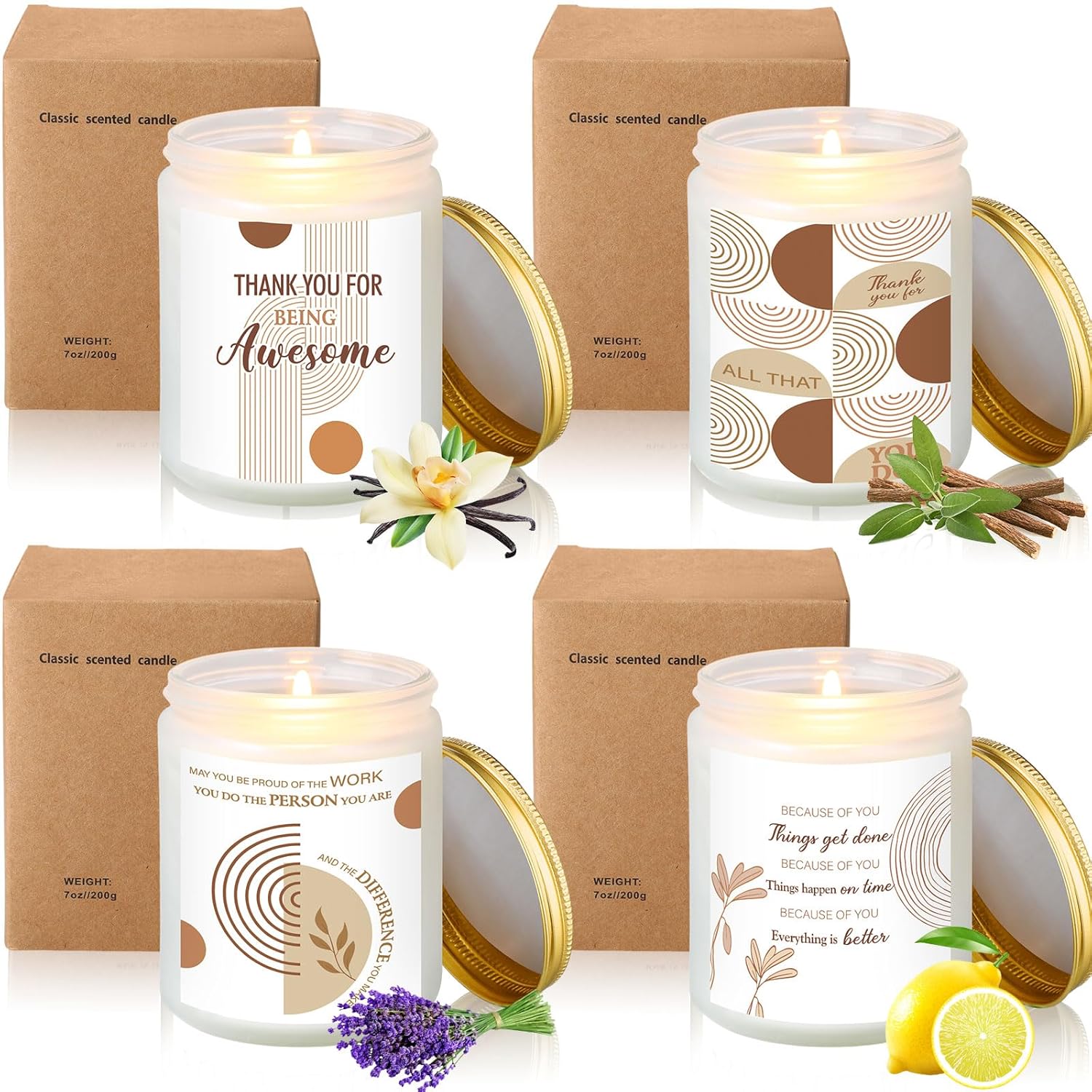 4 Pcs Candles Set 7 Oz Thank You Candle Employee Appreciation Scented Candle Jar Candles Gifts For Women Men Coworkers Friend Home Decor(White,Boho)