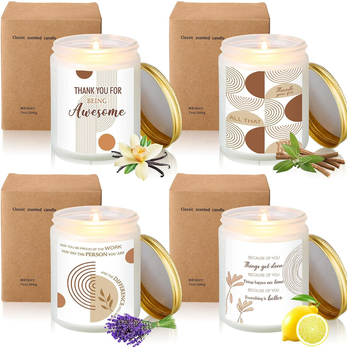 4 Pcs Candles Set 7 Oz Thank You Candle Employee Appreciation Scented Candle Jar Candles Gifts For Women Men Coworkers Friend Home Decor(White,Boho)