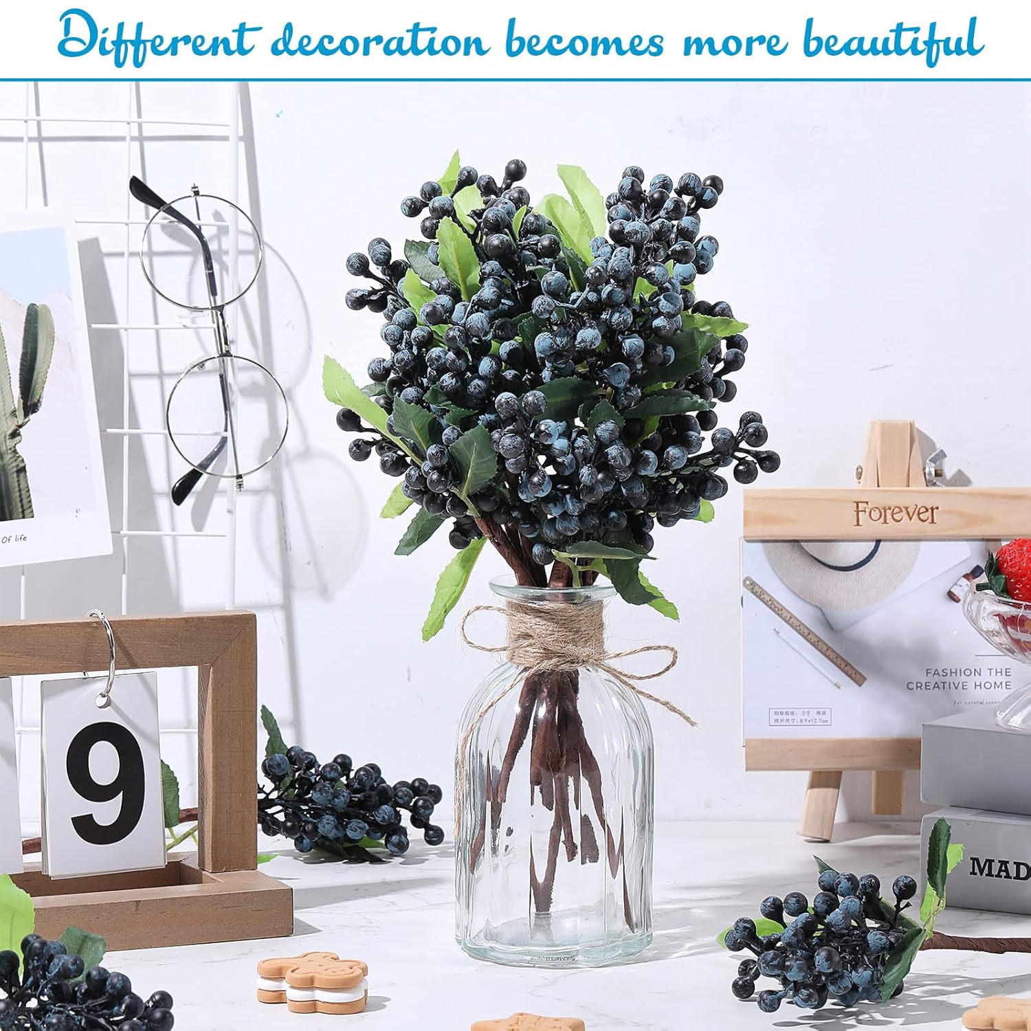 30 Pcs Artificial Blue Berry Stems Bulk, 9.8 Inch Faux Berry Picks With Green Leaves, Fake Short Branch Fruit Flower For Tree Garland Home Wedding Diy Party Decoration(Blue)