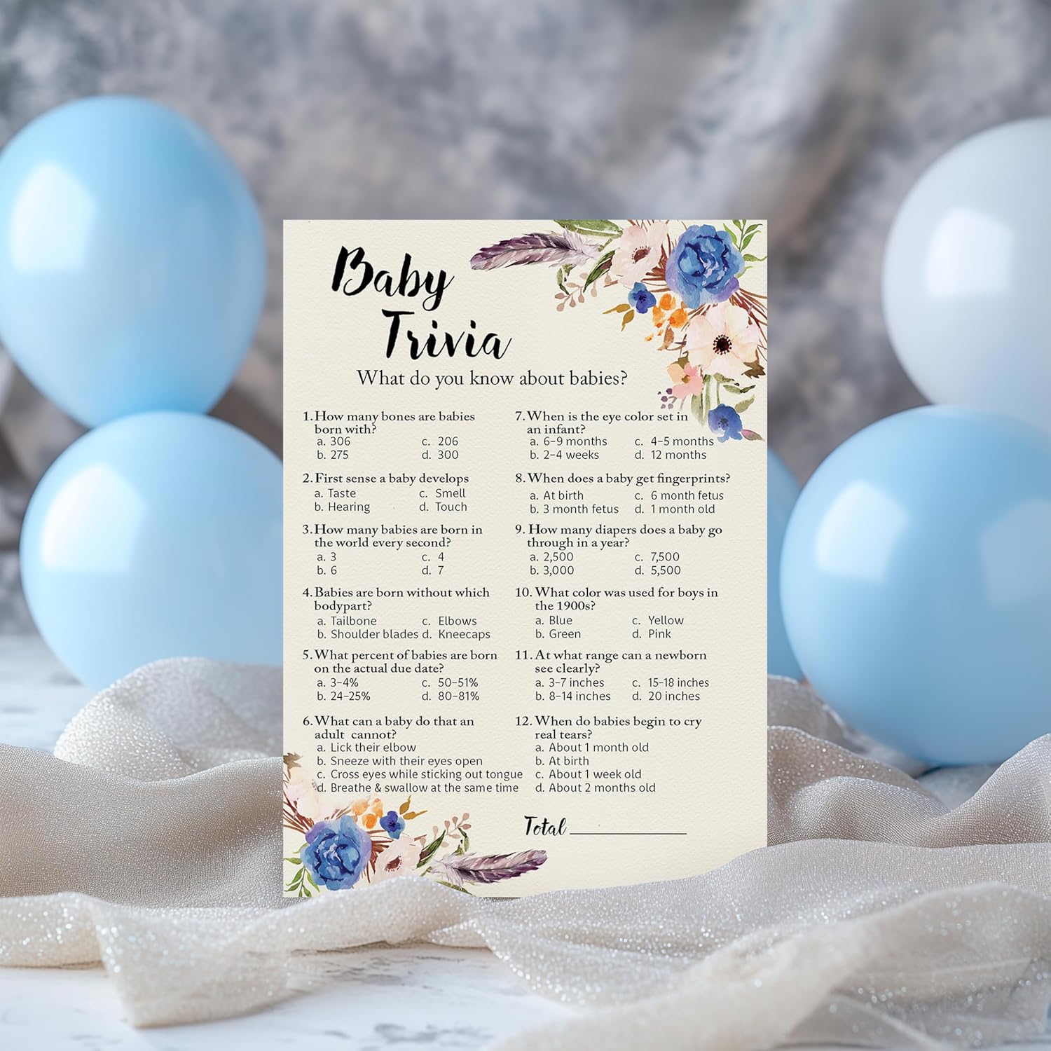 Boho Boy Baby Shower Games — Bohemian Baby Trivia Game — Pack Of 25 — Fun Facts Game, Blue Floral Garden Couples Shower Activity Gender Reveal Party G405-Trv