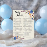 Boho Boy Baby Shower Games — Bohemian Baby Trivia Game — Pack Of 25 — Fun Facts Game, Blue Floral Garden Couples Shower Activity Gender Reveal Party G405-Trv