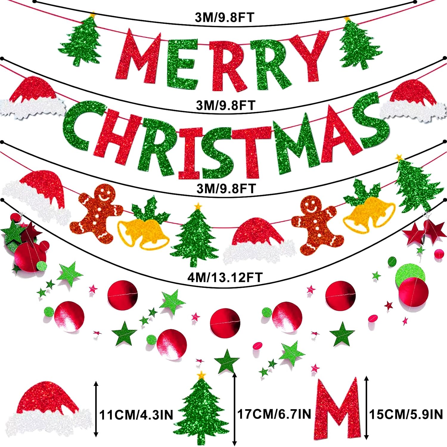 Merry Christmas Banner, Glitter Merry Christmas Banner And Glitter Christmas Signs Banner For Party Decoration, Red & Green Xmas Party Decorations For Home Wall Fireplace Party Supplies