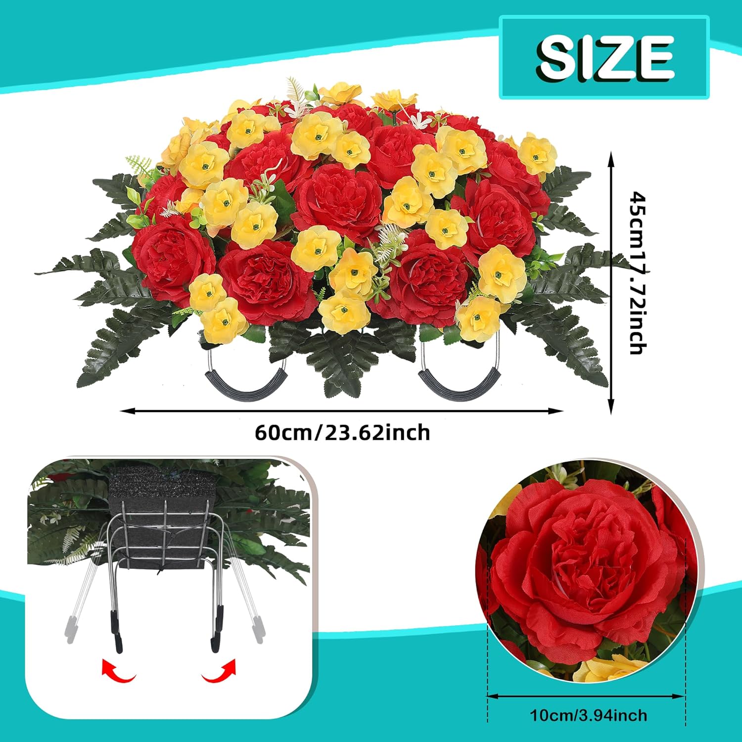 Artificial Cemetery Flowers For Graves Realistic Peony Headstone Flower Saddle Memorial Cemetery Flowers Grave Decorations For Cemetery Uv Resistant & No-Fade (Red Yellow)