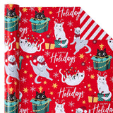 Reversible Cat Christmas Wrapping Paper - Mini Roll - 17 Inch X 33 Feet - Red Christmas Cat Wrapping Paper And Stripes Design For Holiday, Party Celebration