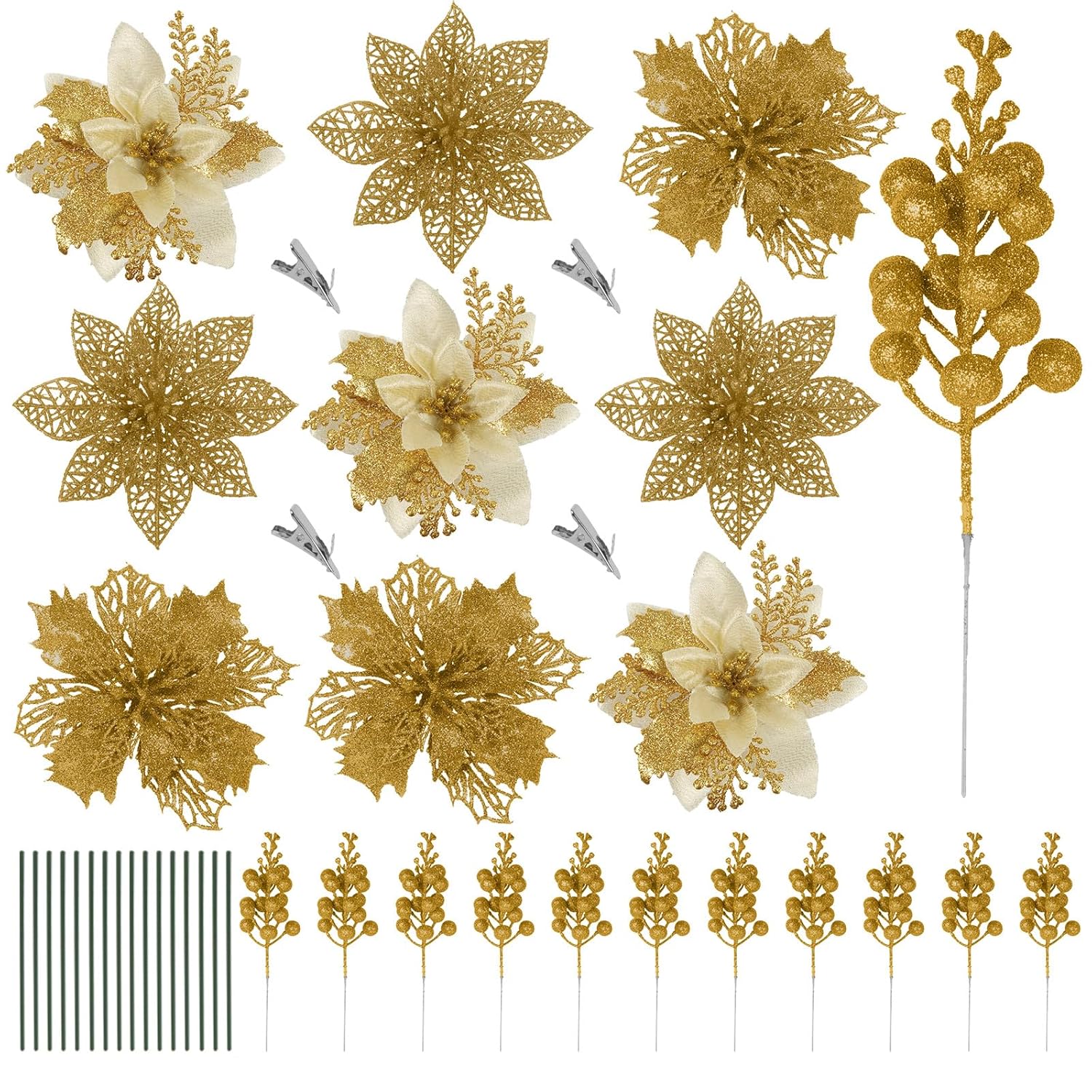 66 Pcs 3 Styles Christmas Glitter Poinsettia Flowers Artificial Berry Picks Christmas Tree Ornaments Artificial Christmas Flowers With Clips For Xmas Wedding Wreath Floral Decorations (Gold)