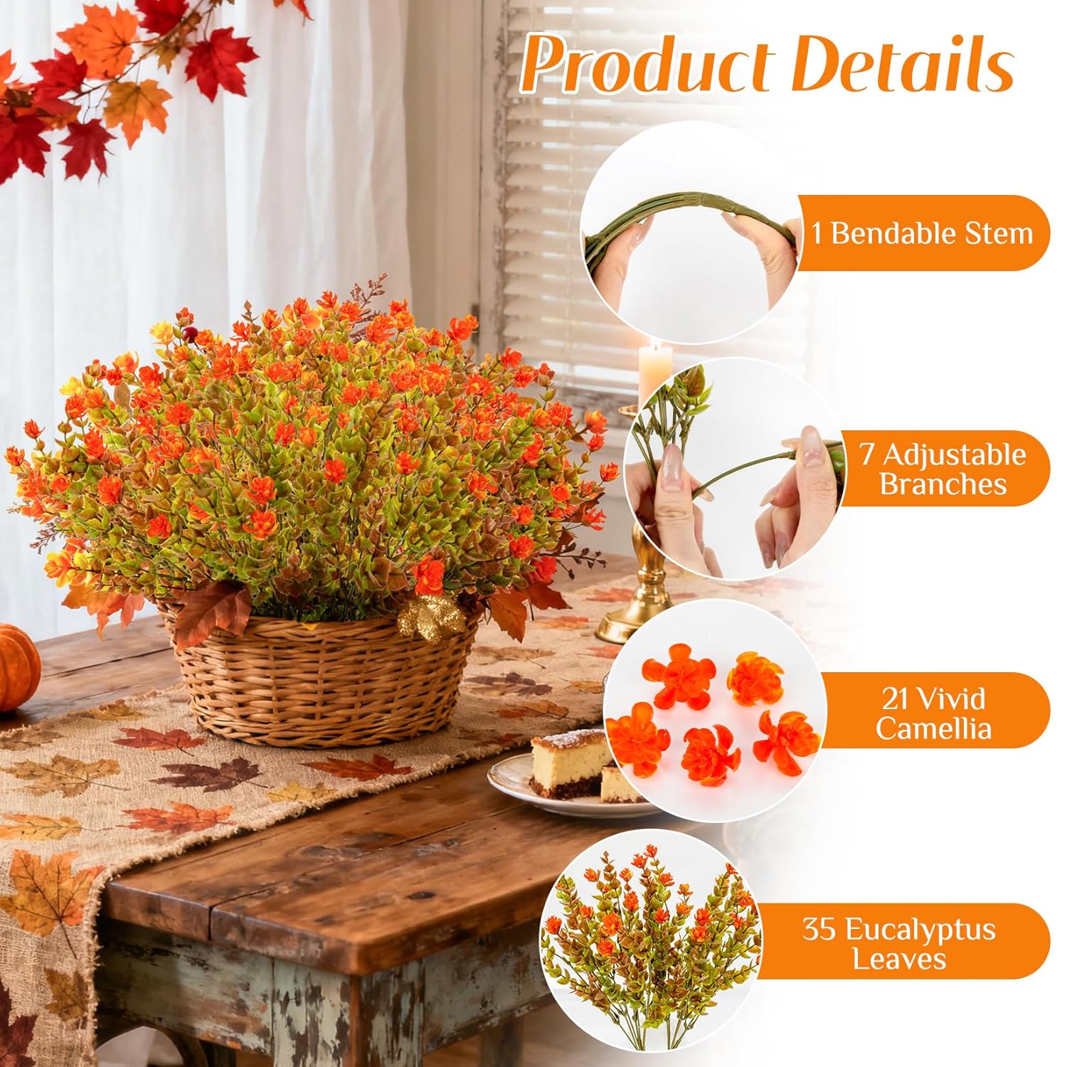 Artificial Fall Flowers For Outdoors - 4Pcs Faux Autumn Plants, Uv Resistant Fake Eucalyptus Stems With 84 Mini Orange Camellia For Vase Christmas Thanksgiving Wedding Party Garden Decor