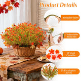 Artificial Fall Flowers For Outdoors - 4Pcs Faux Autumn Plants, Uv Resistant Fake Eucalyptus Stems With 84 Mini Orange Camellia For Vase Christmas Thanksgiving Wedding Party Garden Decor