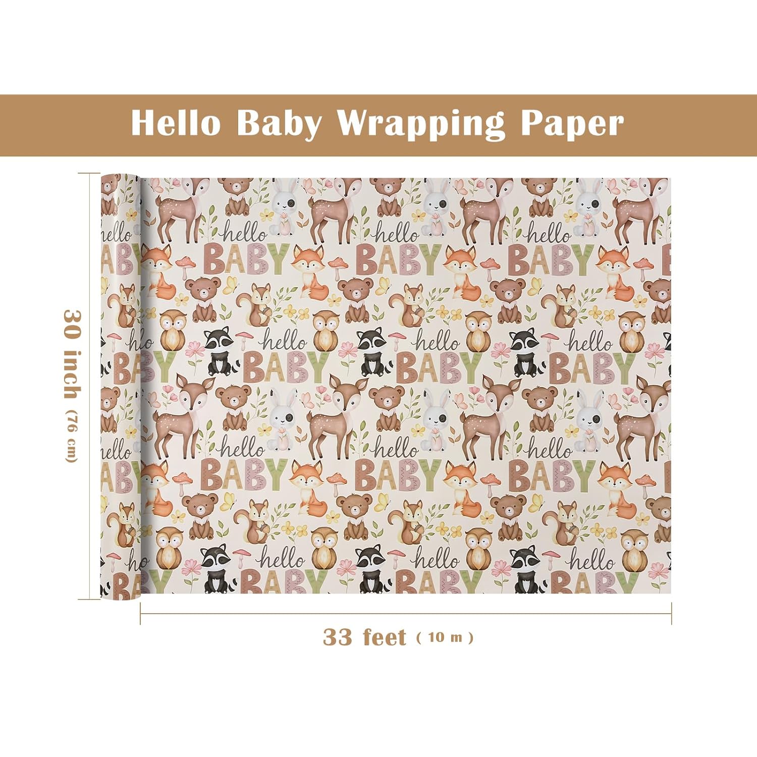 30 Inch Baby Shower Wrapping Paper Roll - 30 Inch X 33 Feet - Little Woodland Animal Wrapping Paper For Baby Shower, Kids Girls Boys Birthday