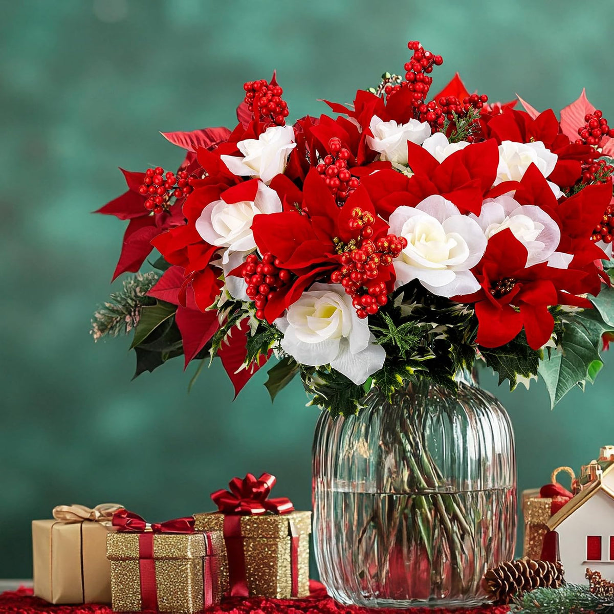 2 Pcs 20 Inch Artificial Red Poinsettia White Rose Bouquet With Berry Pine Branch 12 Stems Velvet Faux Poinsettia Floral For Vases Wreaths Garland Indoor Outdoor Christmas Tree Home Decorations