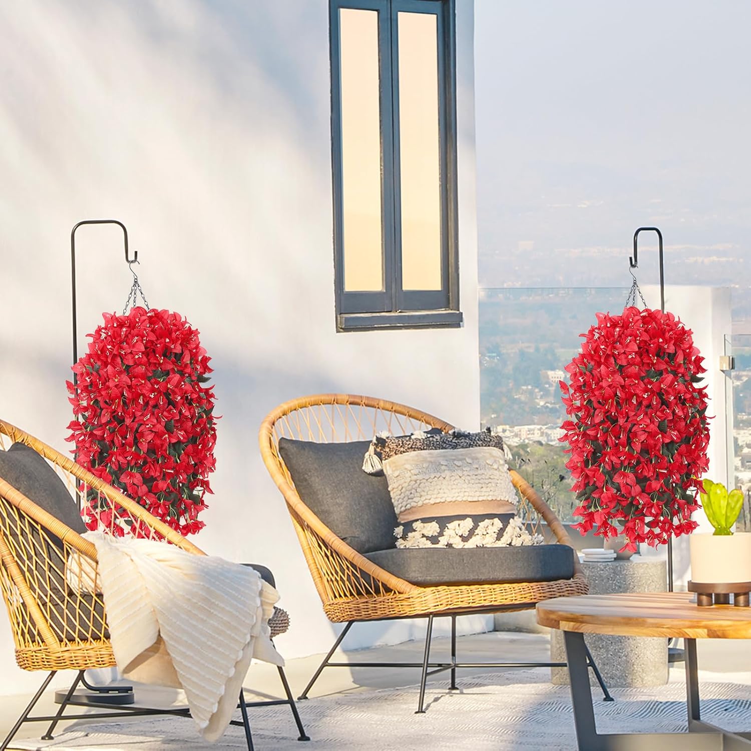 2Pcs Fake Flowers Bougainvillea Artificial Flowers Uv Resistant Faux Hanging Plants Vine For Indoor Outdoor Planter Vase Home Porch Garden Wedding Summer Decor (Red)