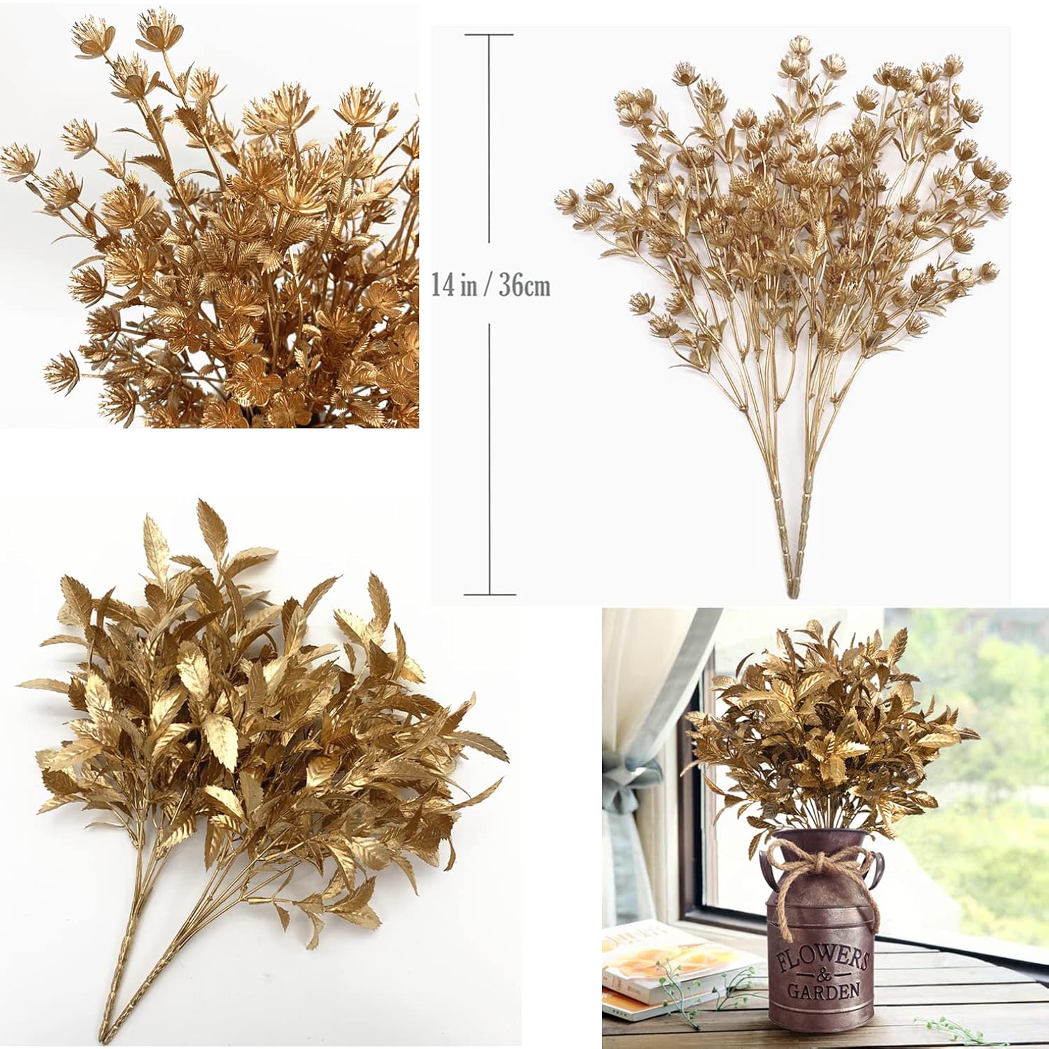 Artificial Gold Plants For Christmas, Golden Leaves Plastic Faux Gypsophila Fake Simulation Baby Breath Flowers For Home Indoor Outdoor Wedding Decoration Hall Table Planter Filler 4 Pack