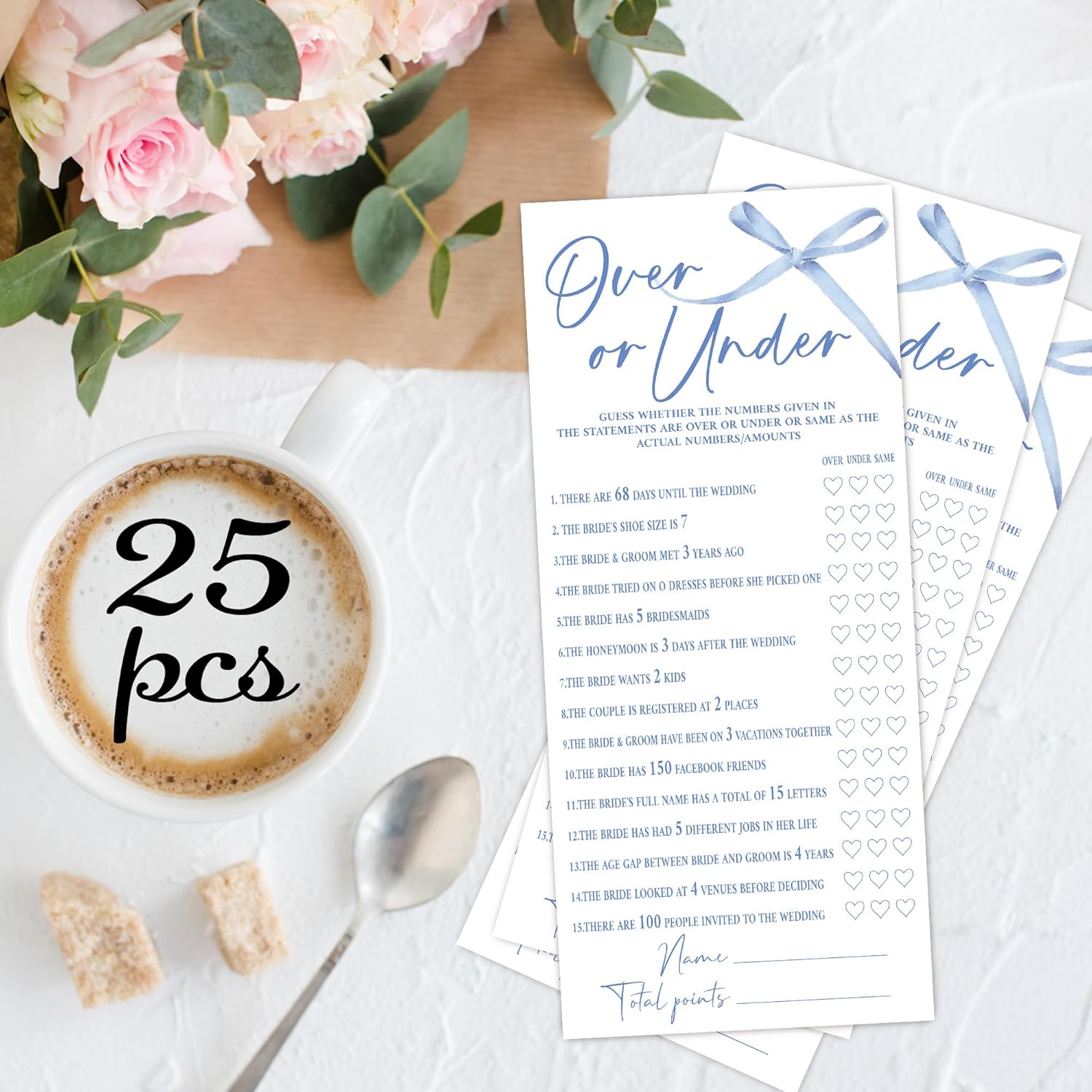 Blue Bow Wedding Shower Games, Over Or Under Wedding Games For 25 Guests, Engagement Bridal Shower Party Cards, Engagement & Bridal Party Supplies-4X9 Inch-A14