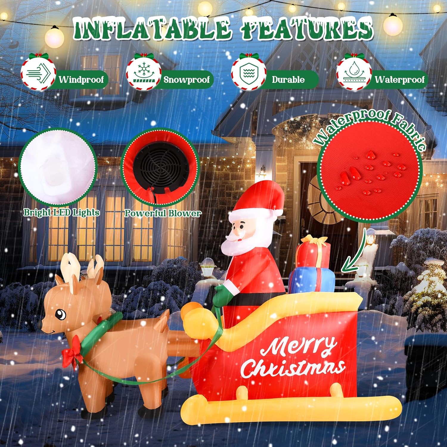 7 Ft Christmas Inflatable Decorations Santa Claus Sleigh With 2 Reindeer & Present With Built-In Led Lights, Blow Up Yar