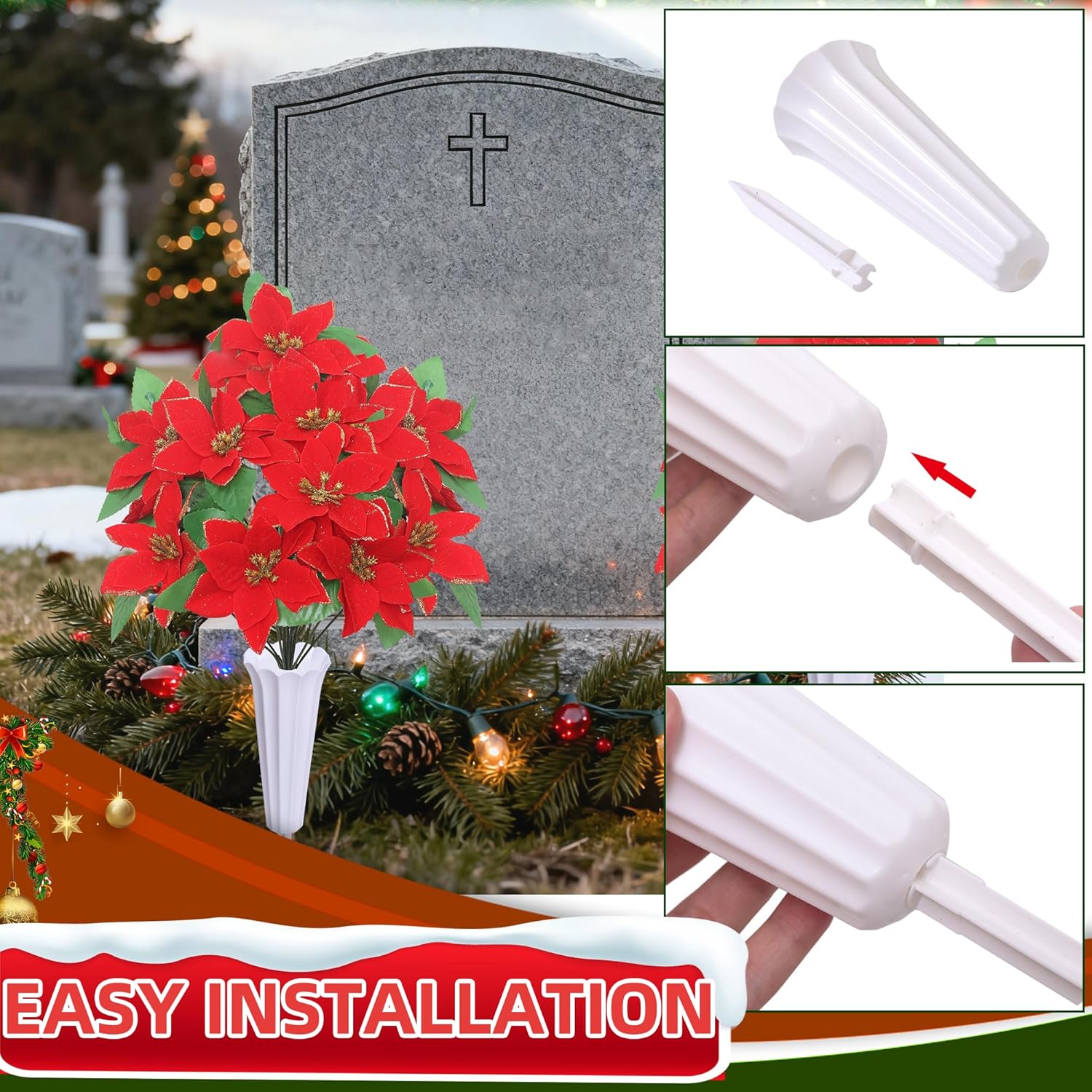 Artificial Cemetery Flowers For Grave,2 Sets Christmas Artificial Cemetery Flowers With Vase For Grave Christmas Bouquet,Outdoor Grave Decorations (Red)