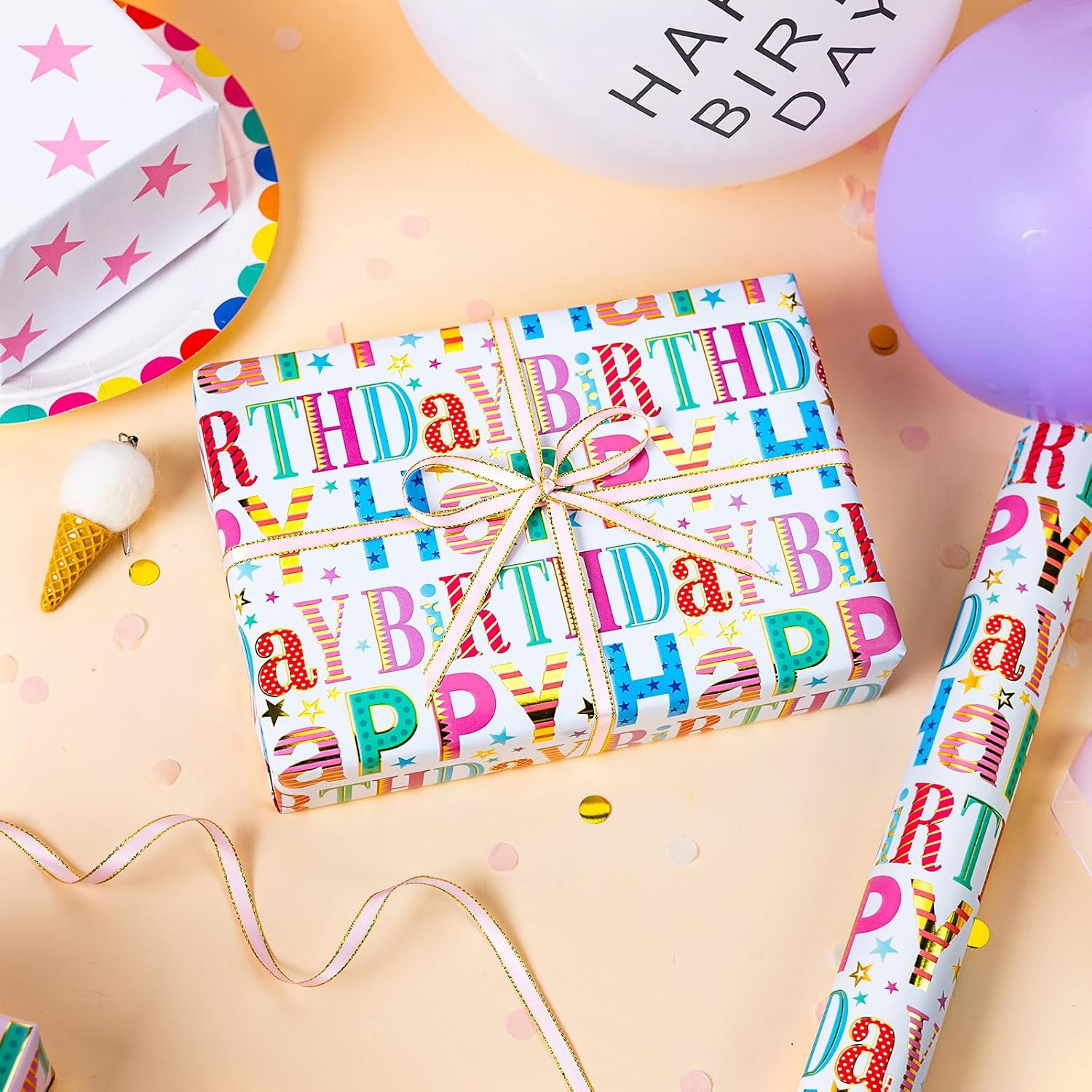 Birthday Wrapping Paper Roll - Colorful Happy Birthday Letters With Metallic Foil Shine & Pink Stars Reversible Gift Wrap For Baby Shower, Party, Holiday - Mini Roll - 17 Inch X 16.5 Feet